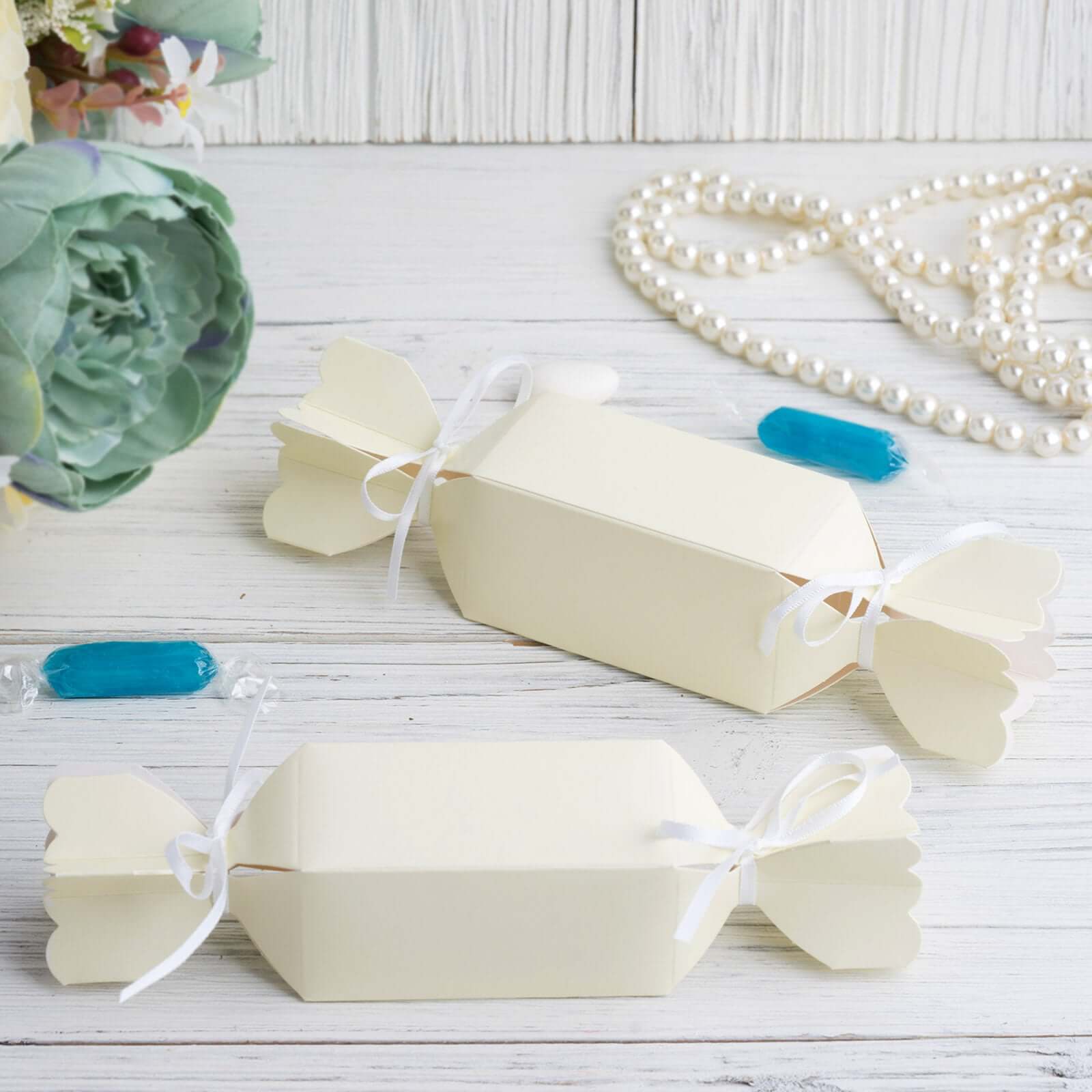 25 Pack Ivory Candy Shape W Satin Ribbon Party Favor Gift Boxes - Clearance SALE