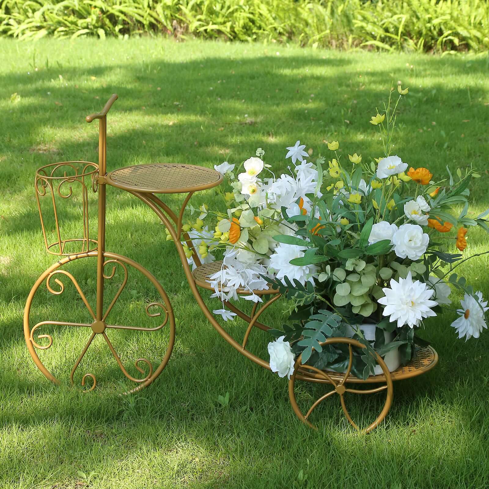 3-Tier Metal Cake Stand 40 Gold Bicycle Shape with Mesh Trays - Exquisite Multi Layered Cupcake Dessert Display Holder for Weddings Garden-Themed Events & Parties