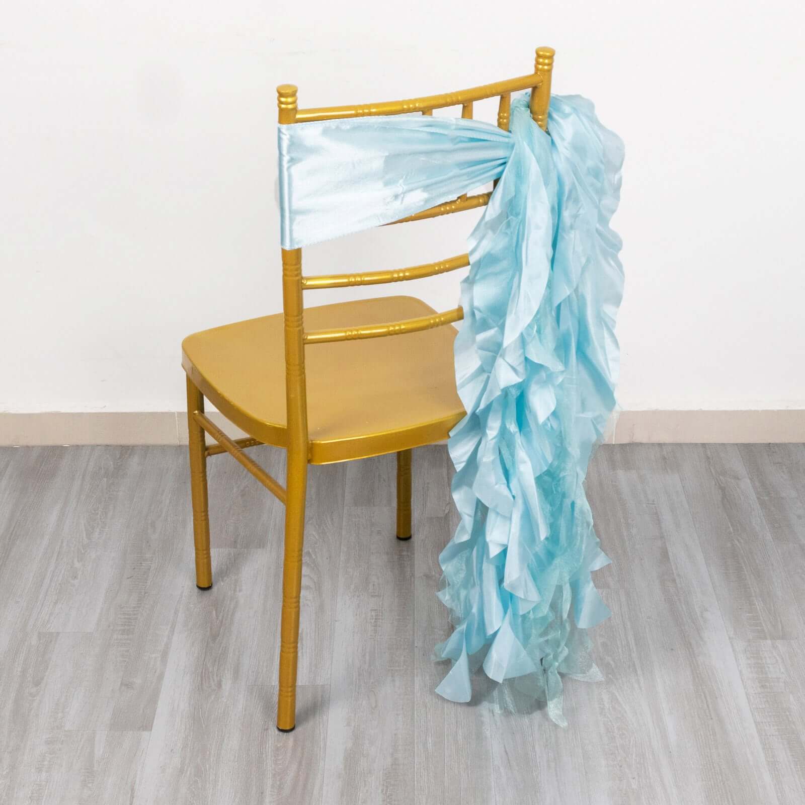 5 Pack Chiffon Satin Chair Sashes Light Blue - Easy to Install Ruffled Curly Willow