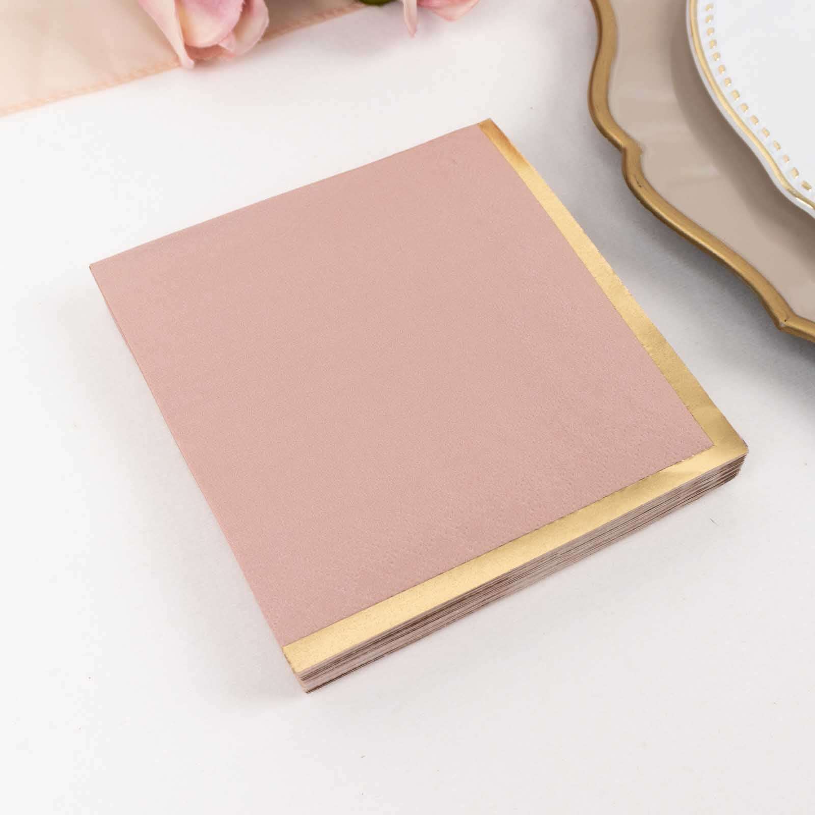 50-Pack Paper Beverage Napkins Dusty Rose with Gold Foil Edge - 2 Ply Disposable Soft 18GSM Cocktail Napkins 5x5