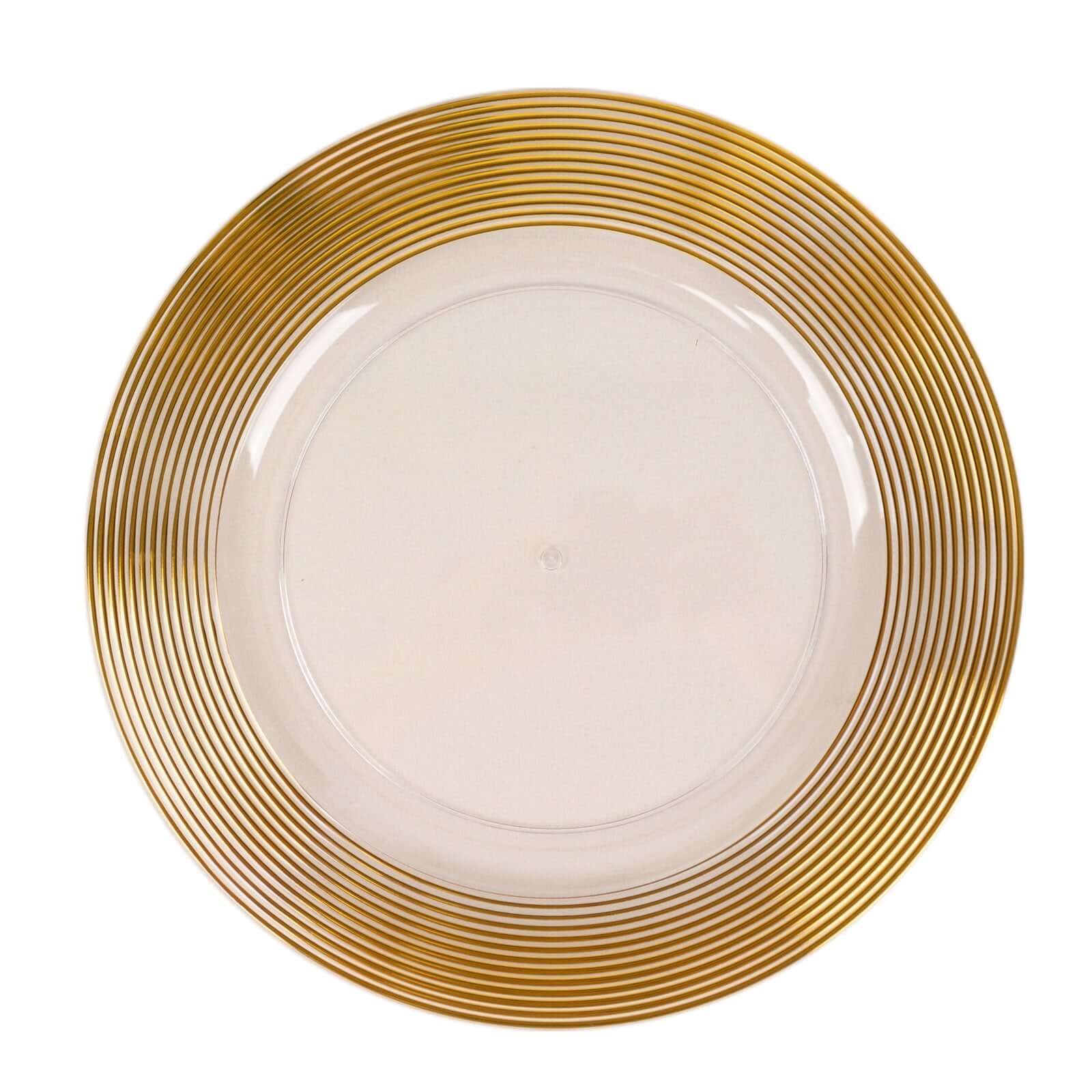 6-Pack Plastic Round Charger Plates 13 in Clear with Gold Lined Ring Rim, Classy Dinner Serving Plates