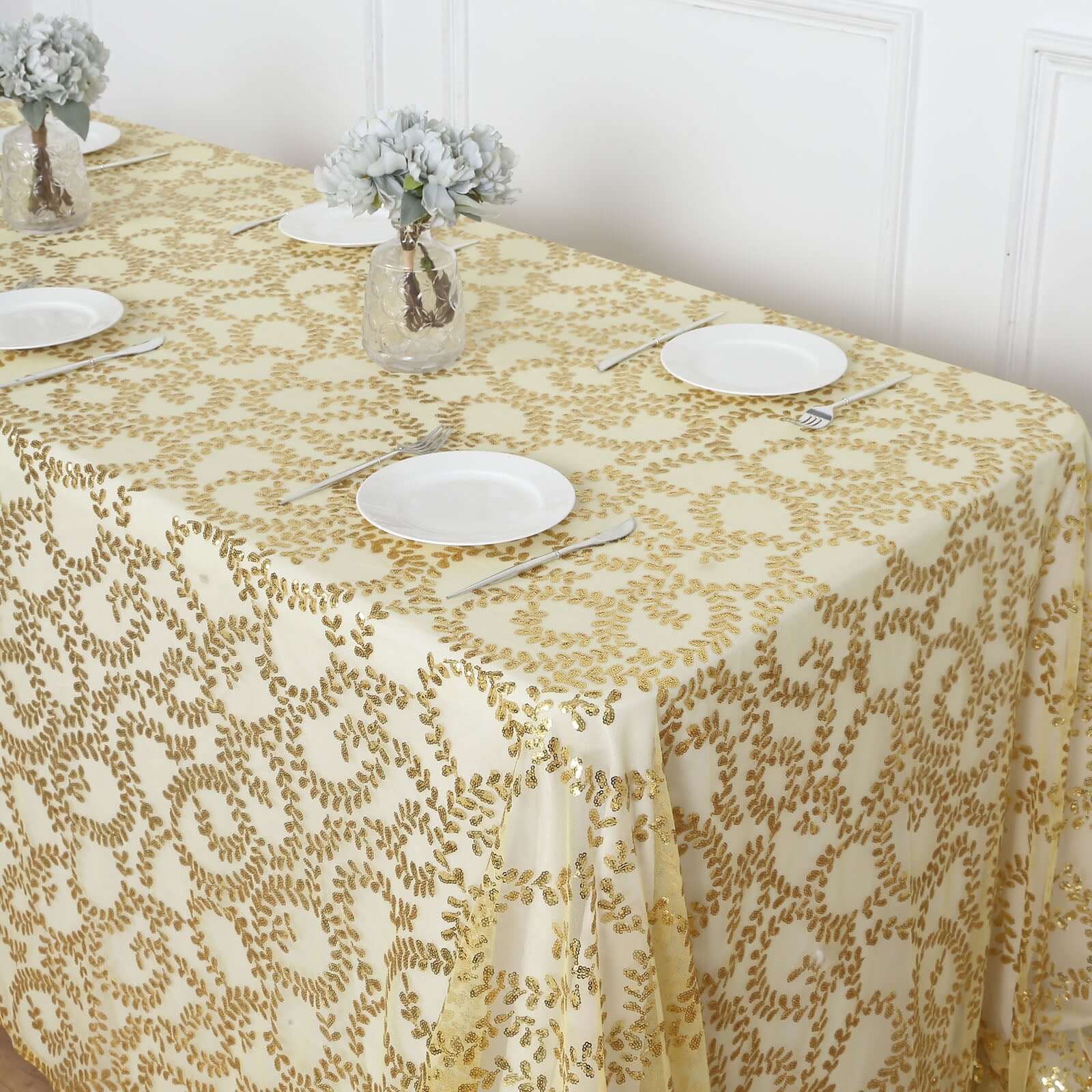 Tulle 90x156 Rectangle Tablecloth Gold - Sequin Leaf Embroidered Design for Luxe Celebrations