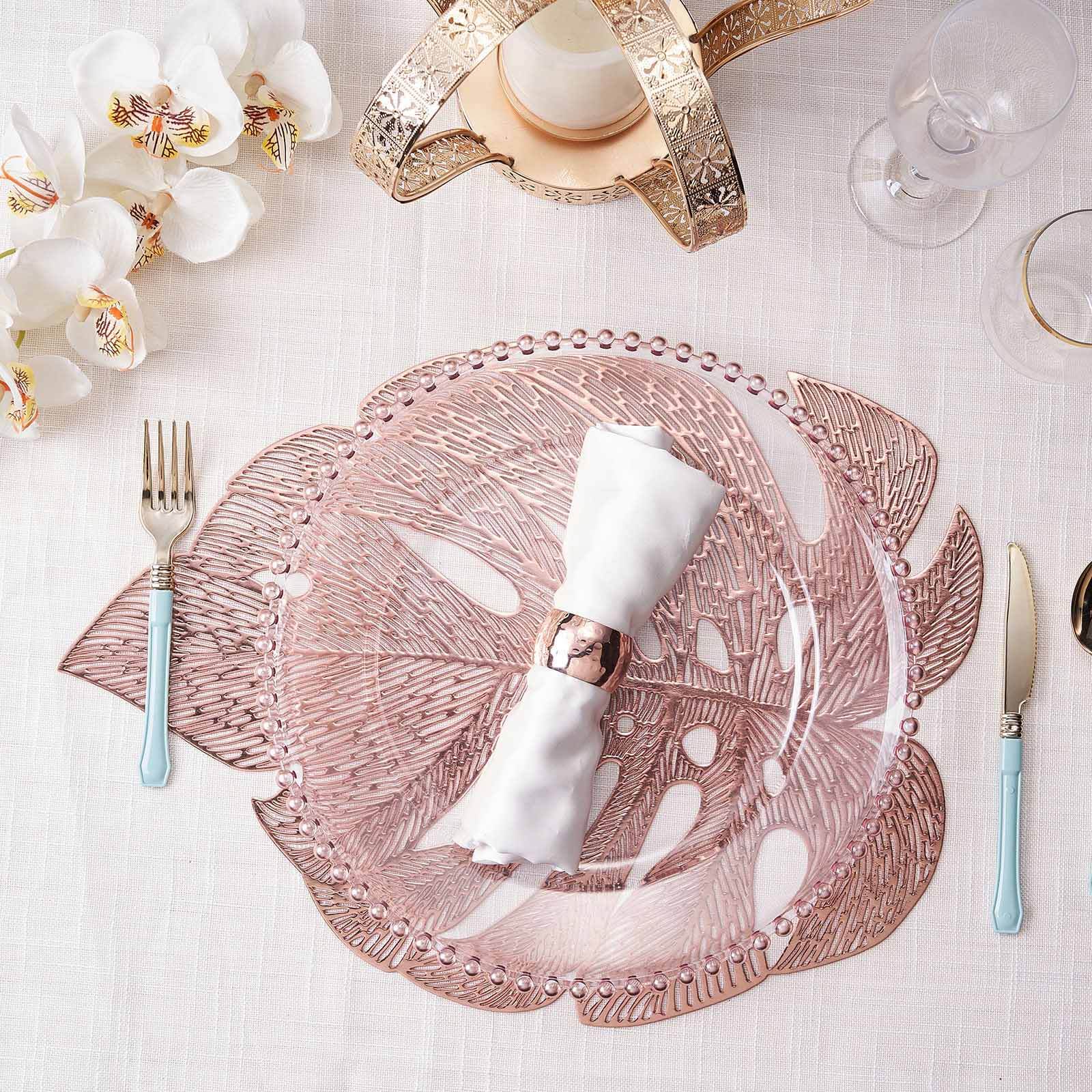 6-Pack Dining Table Mats Monstera Leaf Design Rose Gold - Vinyl Non-Slip Surface for Tropical Themes 18