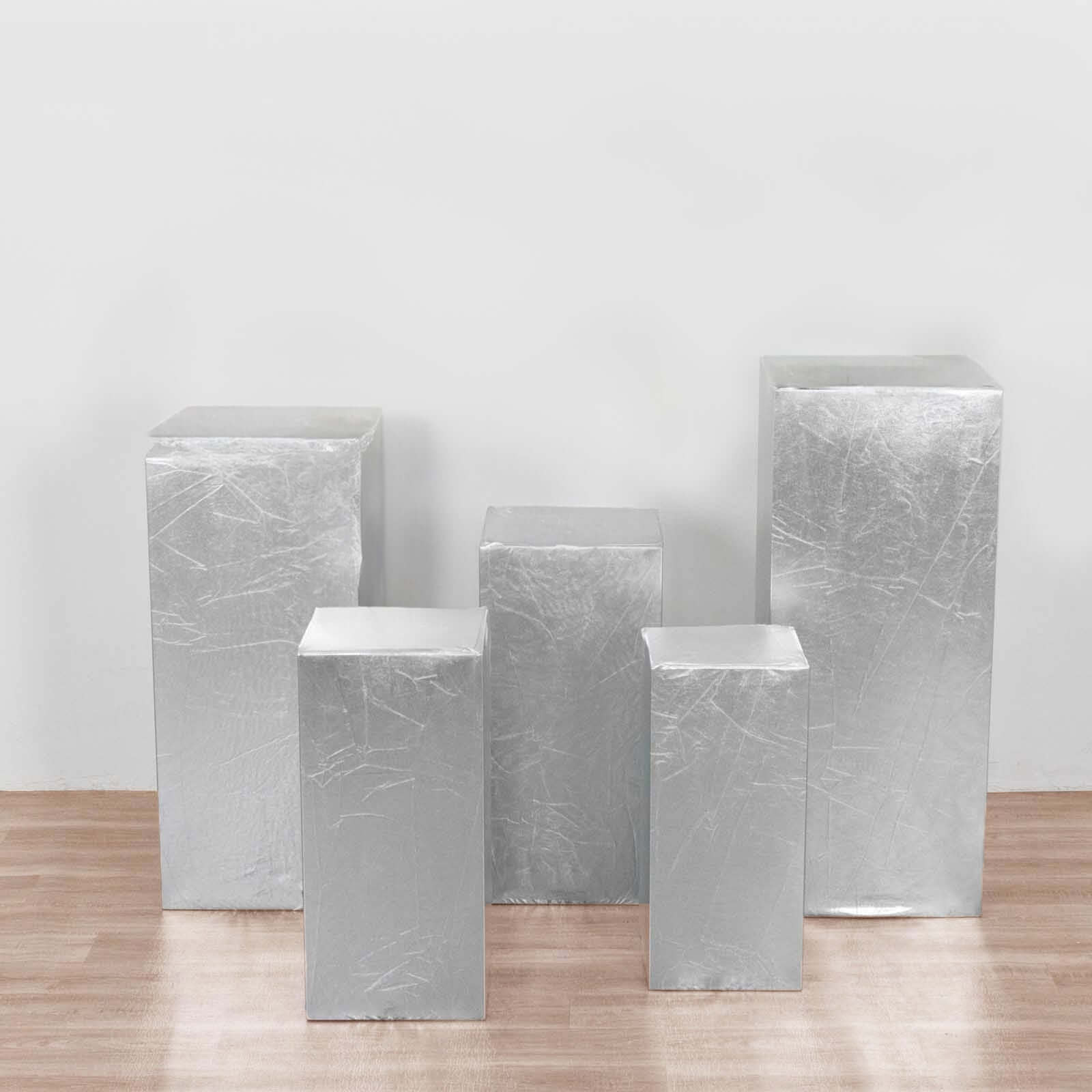 Set of 5 Metallic Silver Spandex Rectangle Pedestal Stand Covers, Stretchable Pillar Prop Covers - 160 GSM