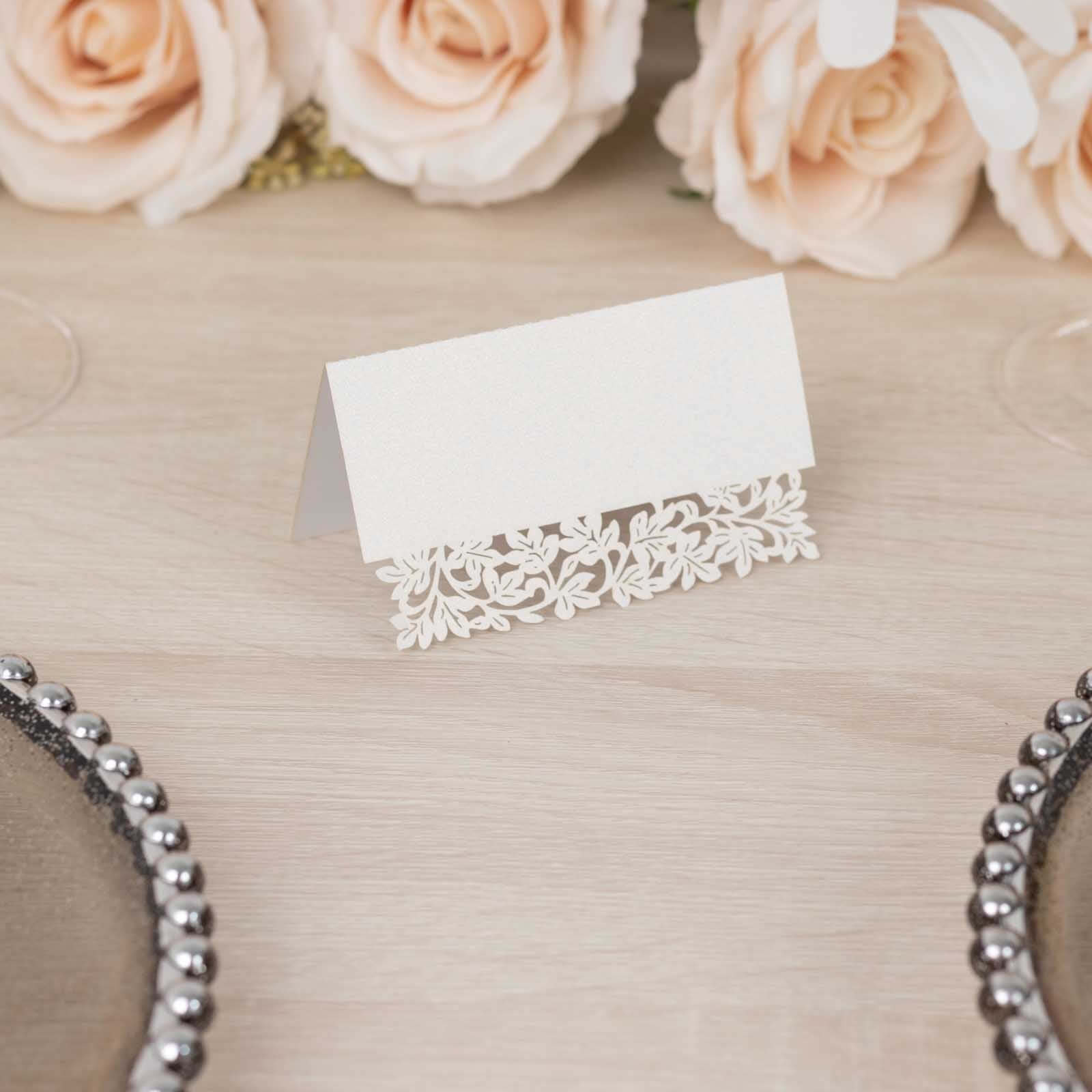 50-Pack Wedding Place Cards with Laser Cut Leaf Vine Design White - Printable Reservation Seating Tent Cards 210 GSM