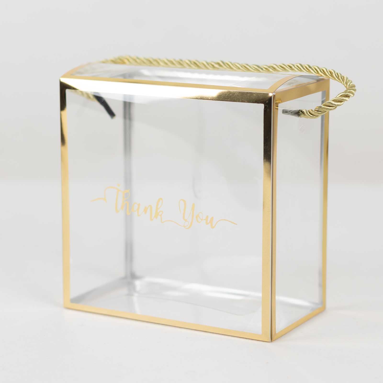 25 Pack Gold Trimmed Clear PVC Gift Boxes with Rope Handles and Thank You Print, Transparent Portable Candy Favor Boxes - 5.5x5.5