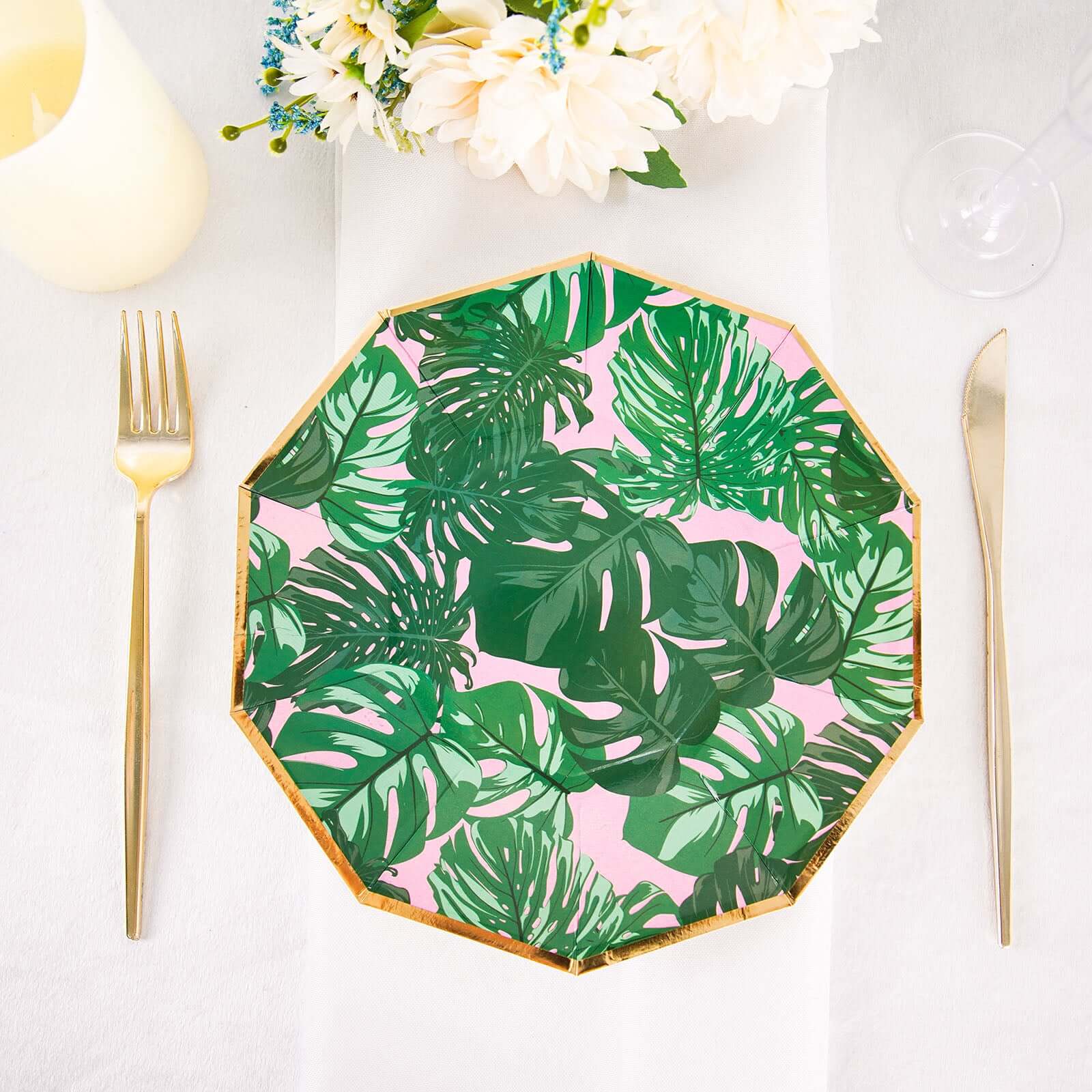 25-Pack Paper 9 Decagon Dinner Plates in Pink with Green Tropical Palm Leaves & Gold Rim - Disposable Geometric Party Plates for Luau & Summer Gatherings