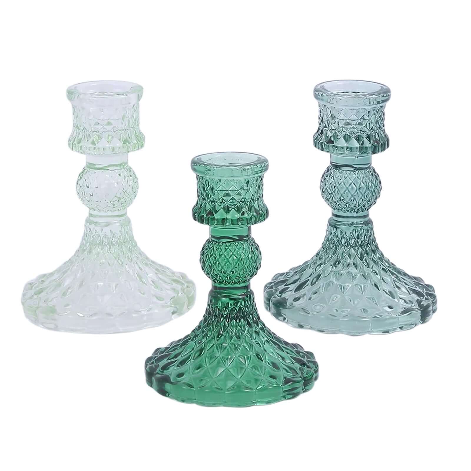 6-Pack Glass Taper Candlestick Holders Diamond Pattern Design Assorted Green - Reversible Crystal Pillar Votive Stands 4