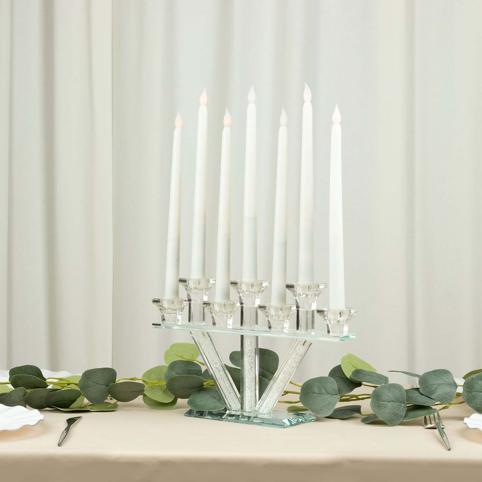 Crystal Glass Candelabra, 7-Branch Taper Candle Stick Holder Stand Table Centerpiece With Crystal Filler and Mirror Base 12