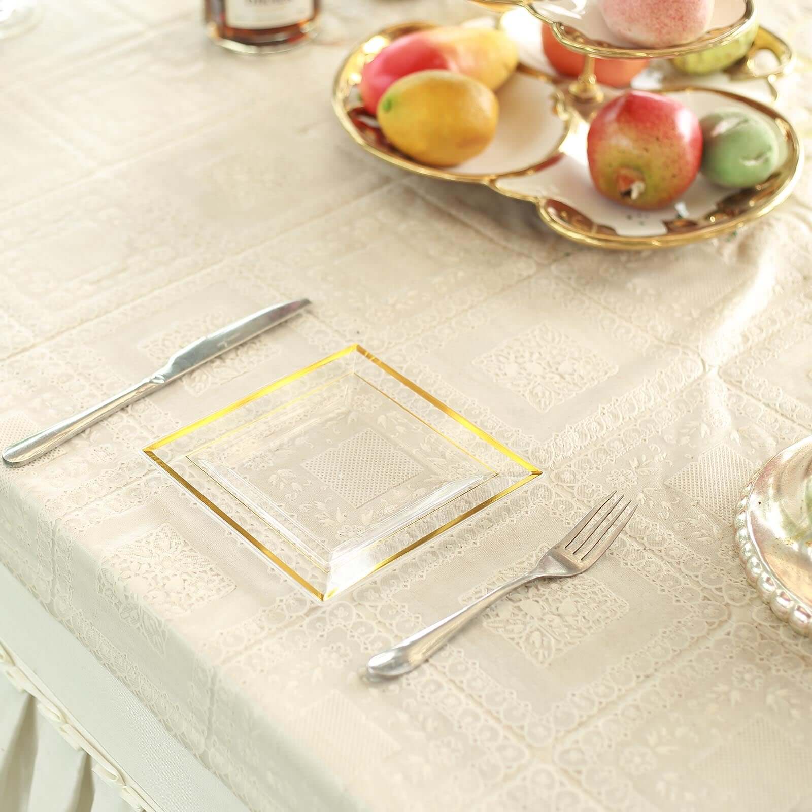 10-Pack Plastic Salad Dessert Plates Clear Square with Gold Trim - Durable Disposable Appetizer Plates 7