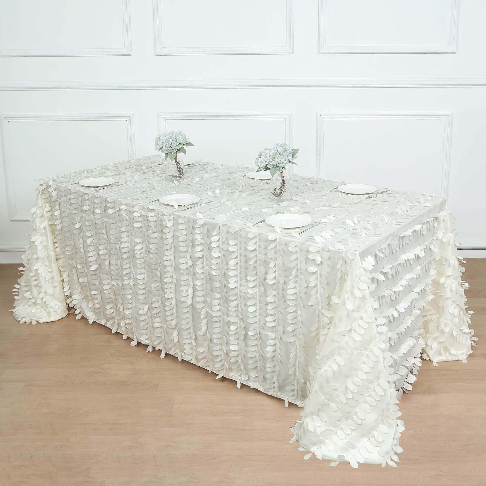 Taffeta 90x132 Rectangle Tablecloth Ivory | 3D Leaf Petal Design Seamless Table Cover