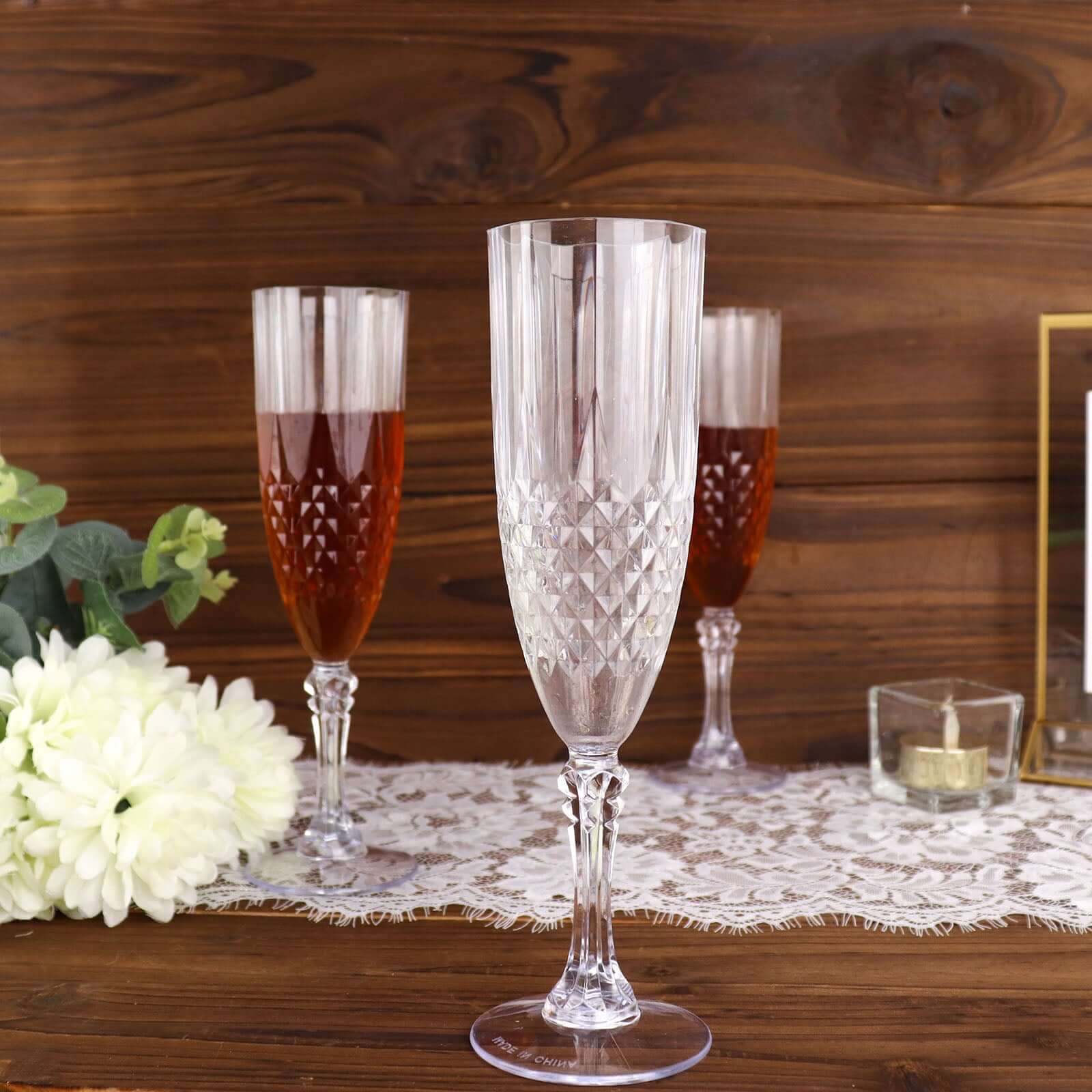 6-Pack Plastic Wedding Toast Flutes Clear Transparent Crystal Cut Style - Reusable Champagne Glasses 8oz