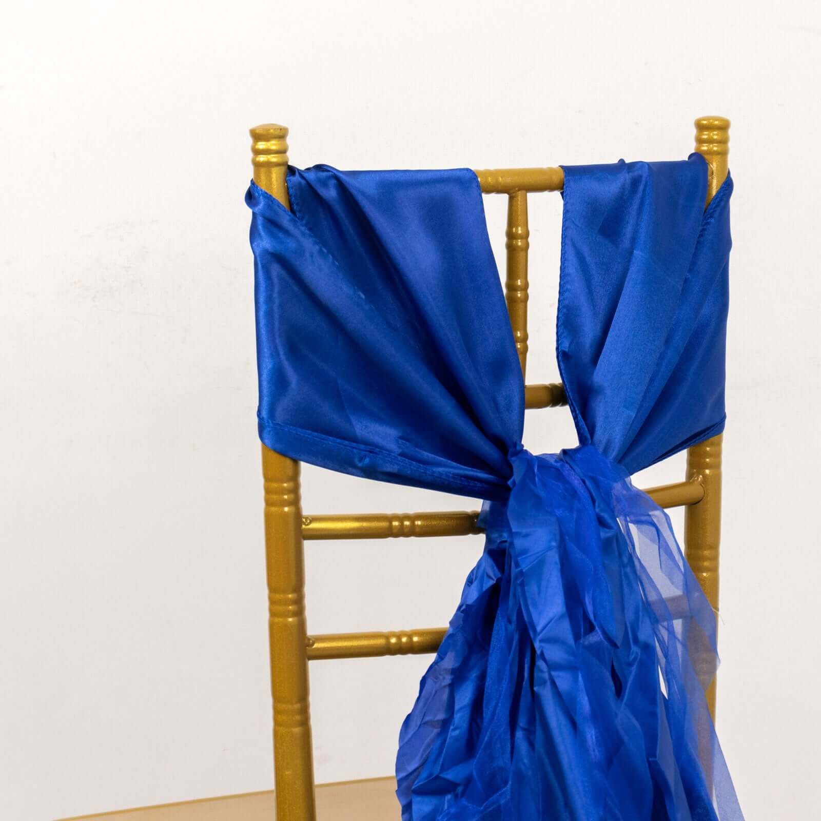 5 Pack Chiffon Satin Chair Sashes Royal Blue - Easy to Install Ruffled Curly Willow