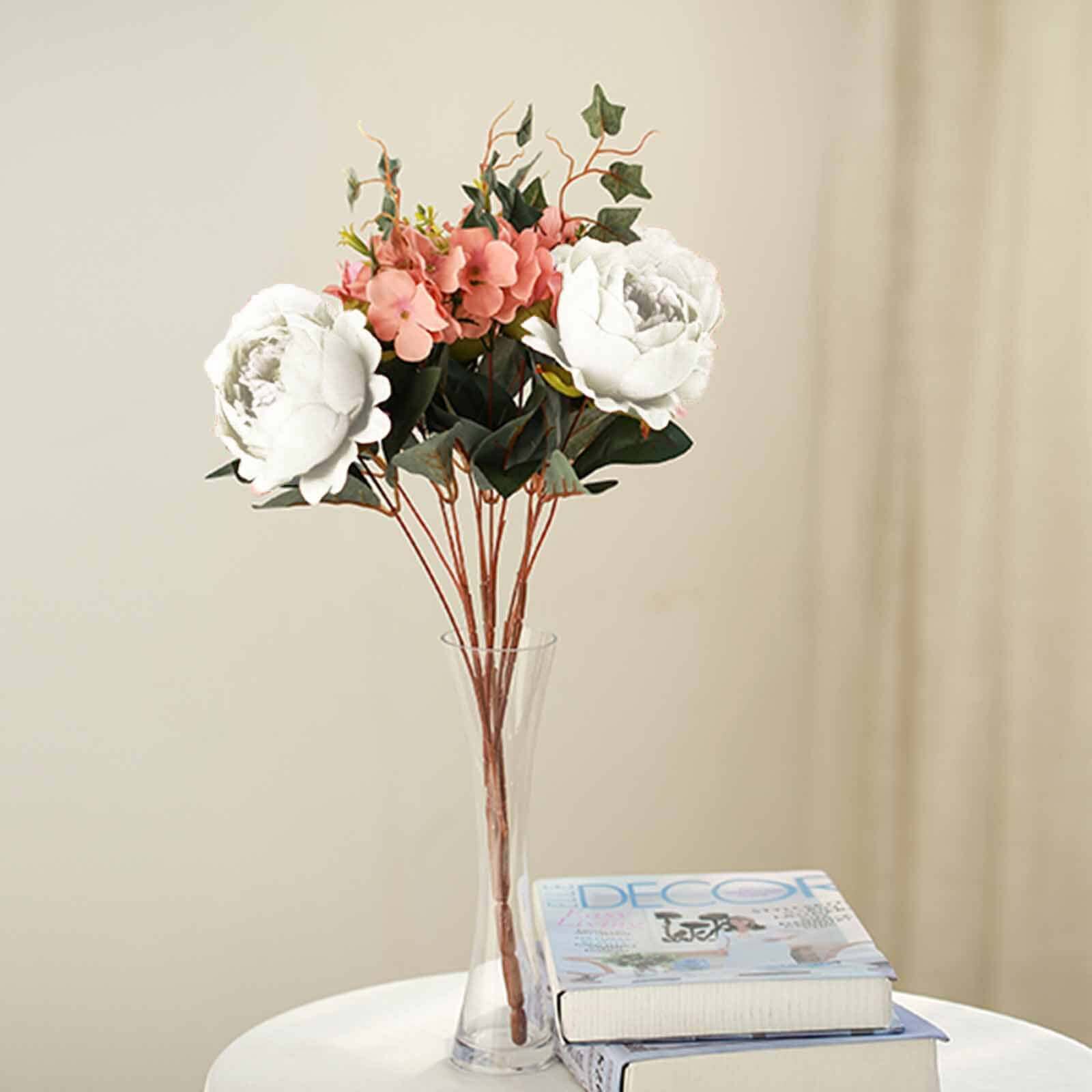 2 Bush Ivory Artificial Silk Peony, Rose and Hydrangea Flower Bouquet