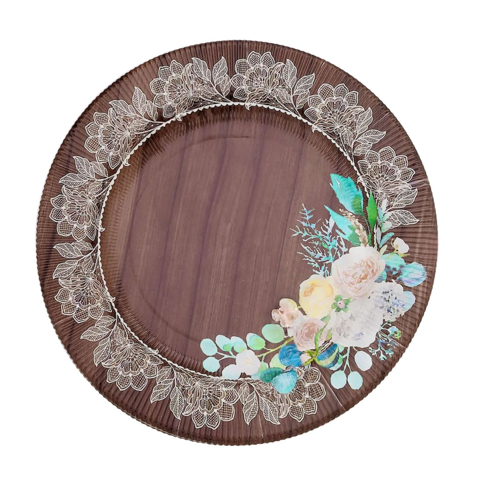 25-Pack Disposable Round Charger Plates in Brown Rustic Wood Print with Floral Lace Rim - Durable Paper Chargers for Rustic Themes & Outdoor Events 13