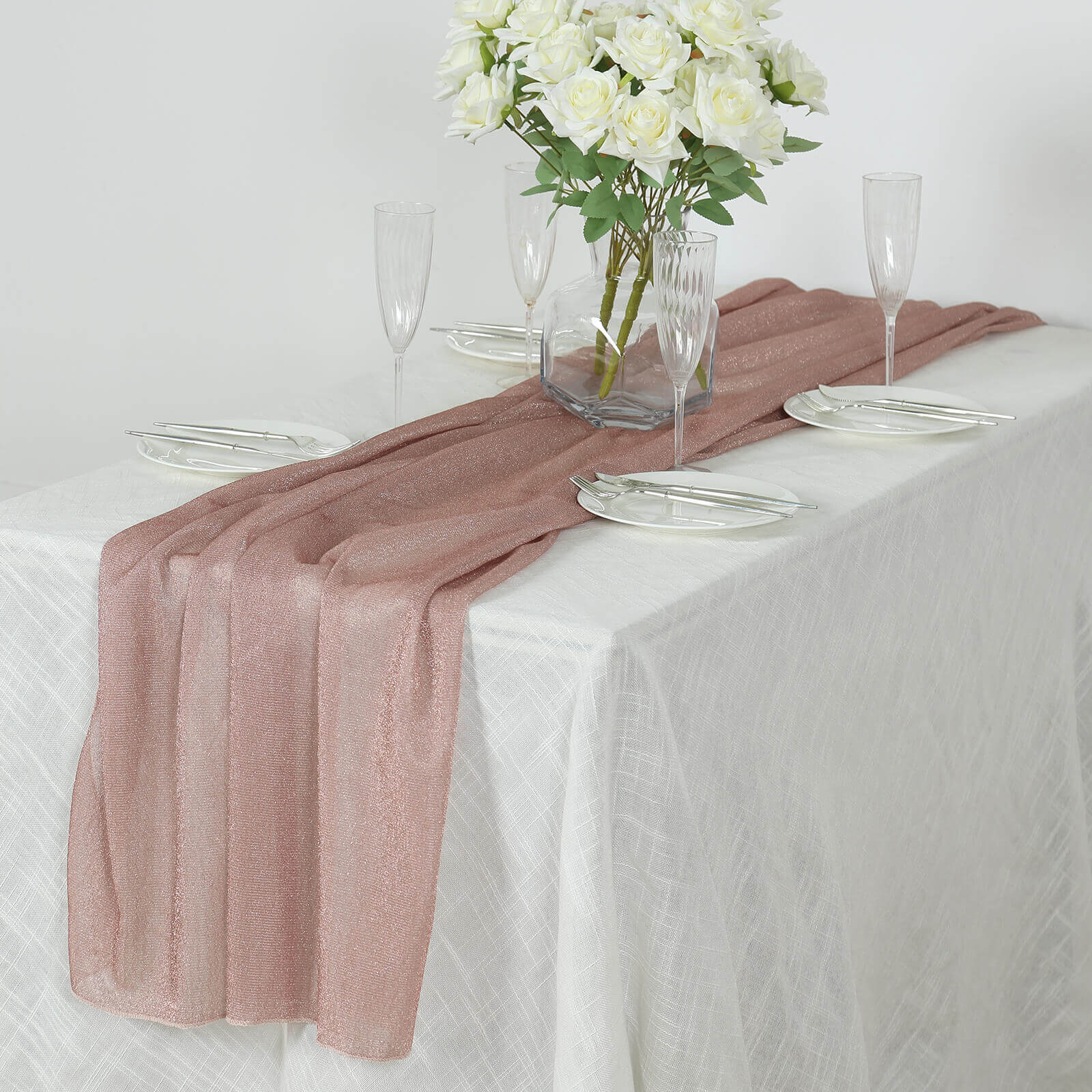 Glitter Gauze 27x120 Table Runner Rose Gold - Sparkling Reusable Sheer Table Linen