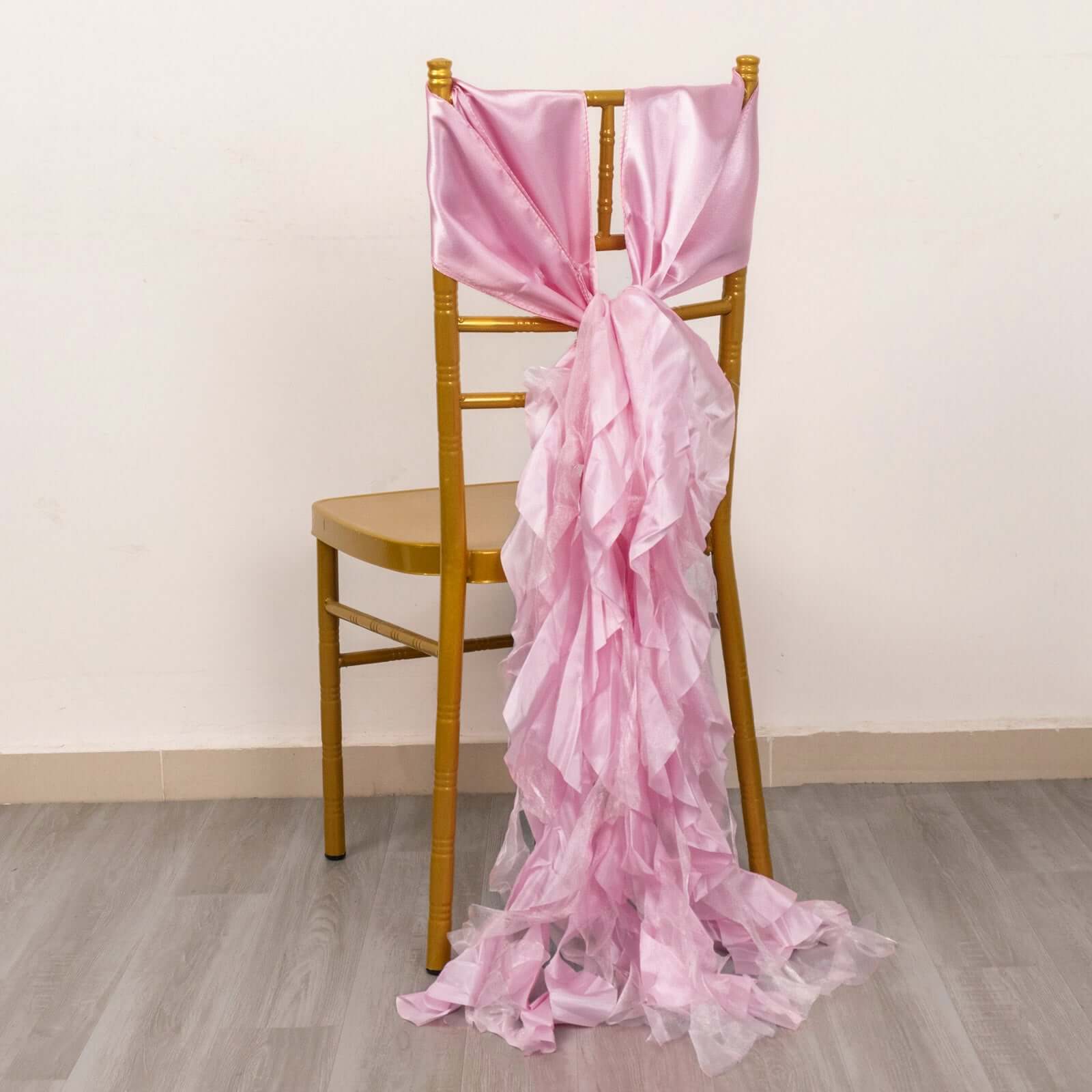 5 Pack Chiffon Satin Chair Sashes Pink - Easy to Install Ruffled Curly Willow