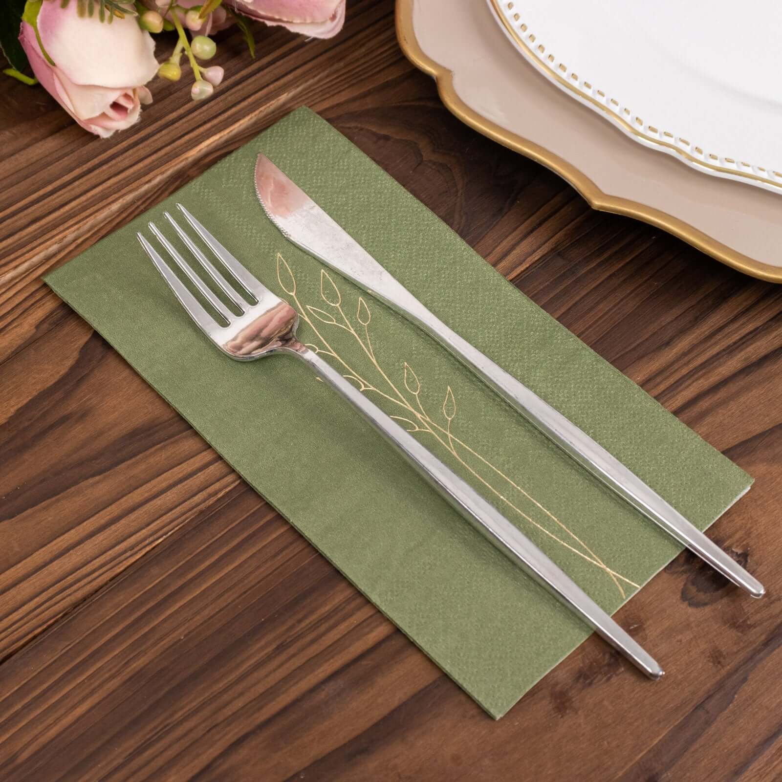 50-Pack Paper Dinner Napkins Olive Green with Gold Embossed Leaf - Stylish 2-Ply Disposable Napkins for Weddings 18GSM