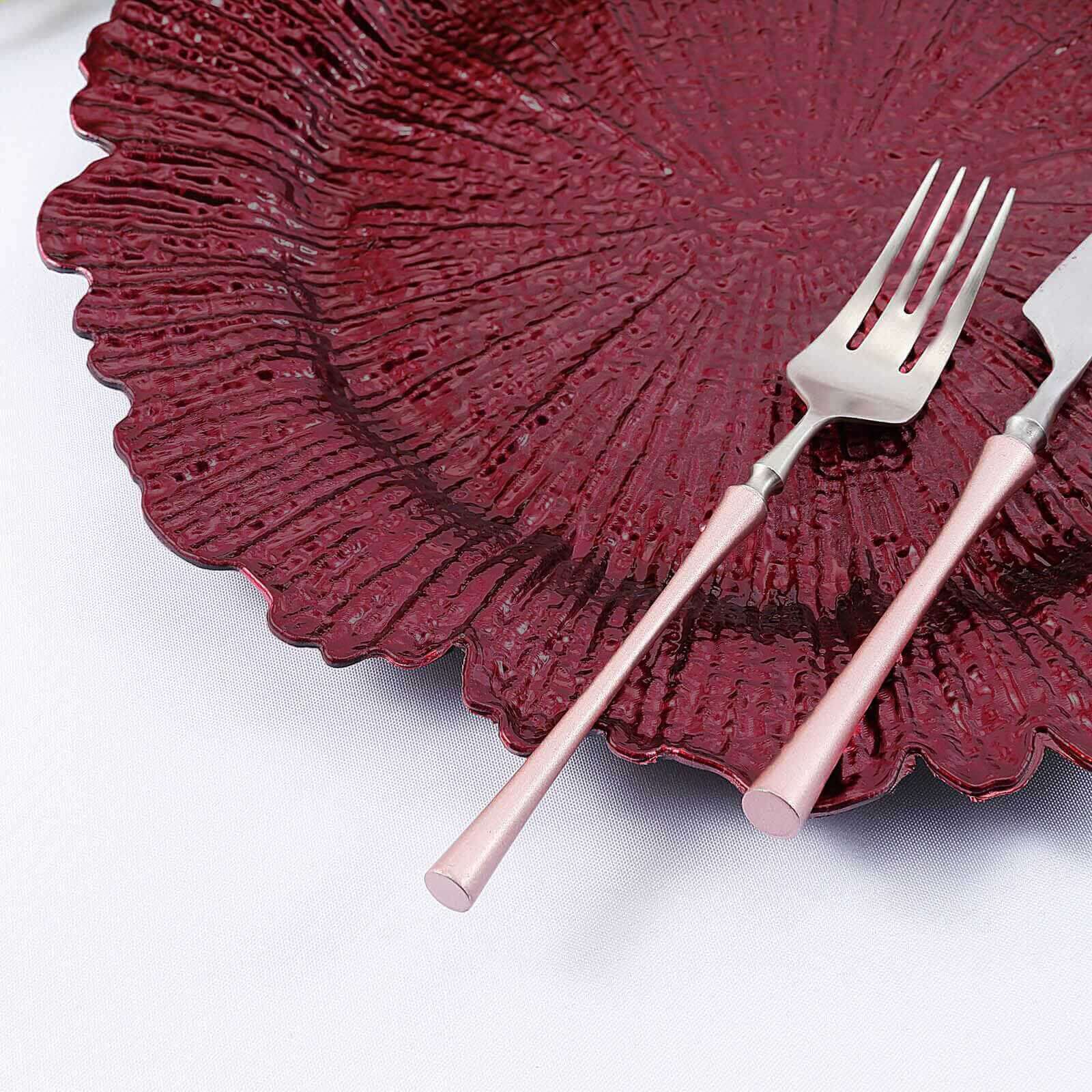 6-Pack Acrylic Plastic Round Charger Plates 13 in Burgundy with Reef Design, Dinner Charger Tableware