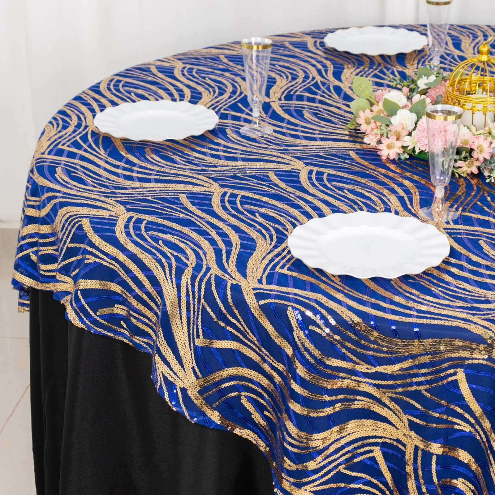 Mesh 72x72 Table Overlay Square Tablecloth Royal Blue - Wave Embroidered Sequins Table Topper