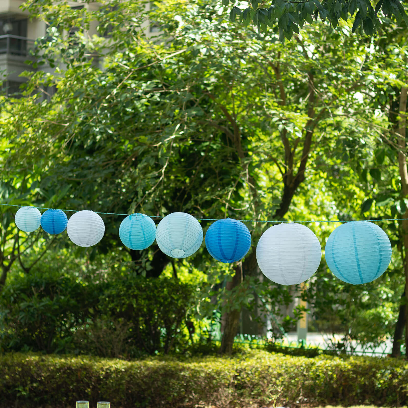 Set of 8 Mixed Blue White Hanging Paper Lanterns, Decorative Round Chinese Sky Lanterns, Assorted Sizes - 6,8,10,14