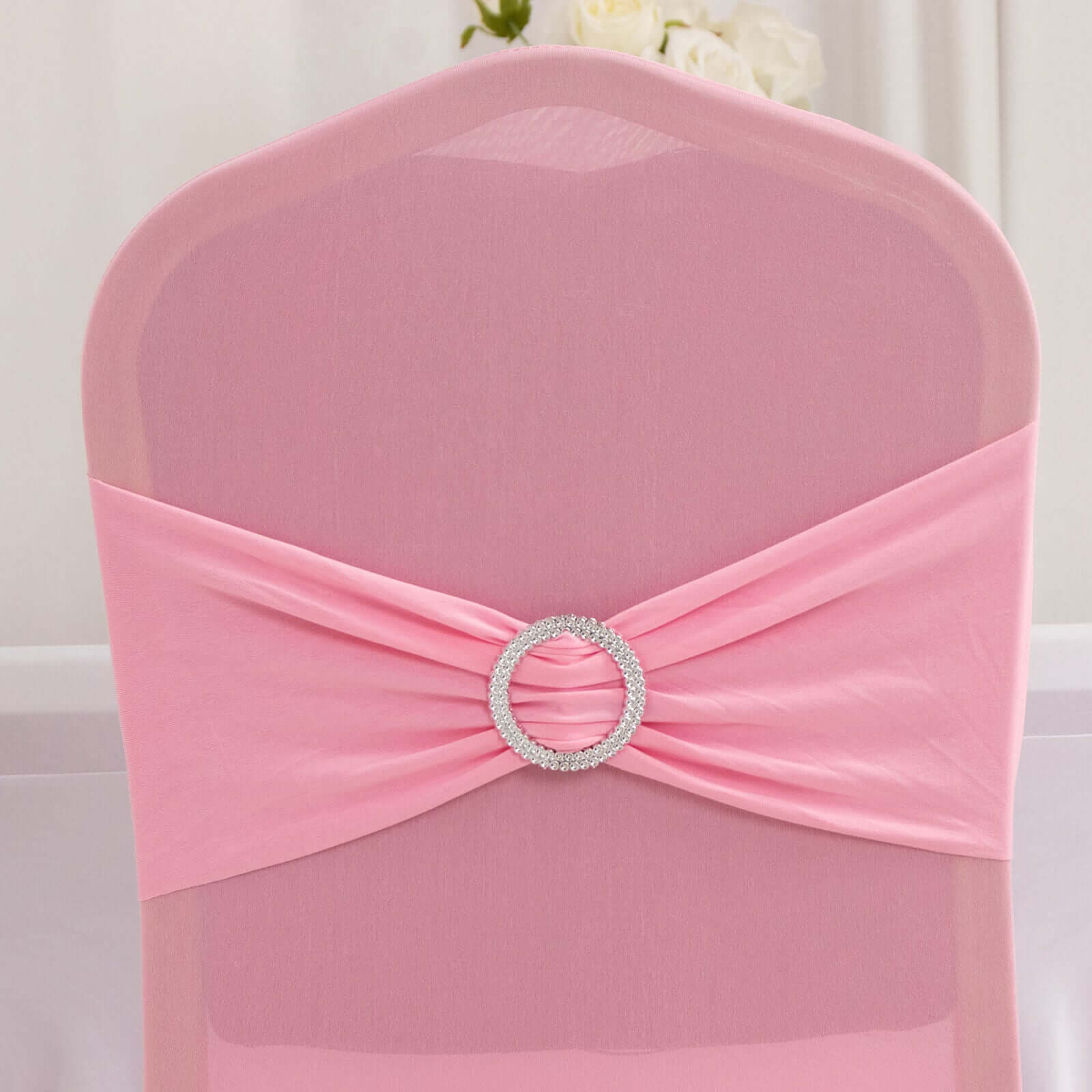 Spandex Chair Cover with Pink Rhinestone Buckled Sash Band Blush - Stretch Fitted Slipcover