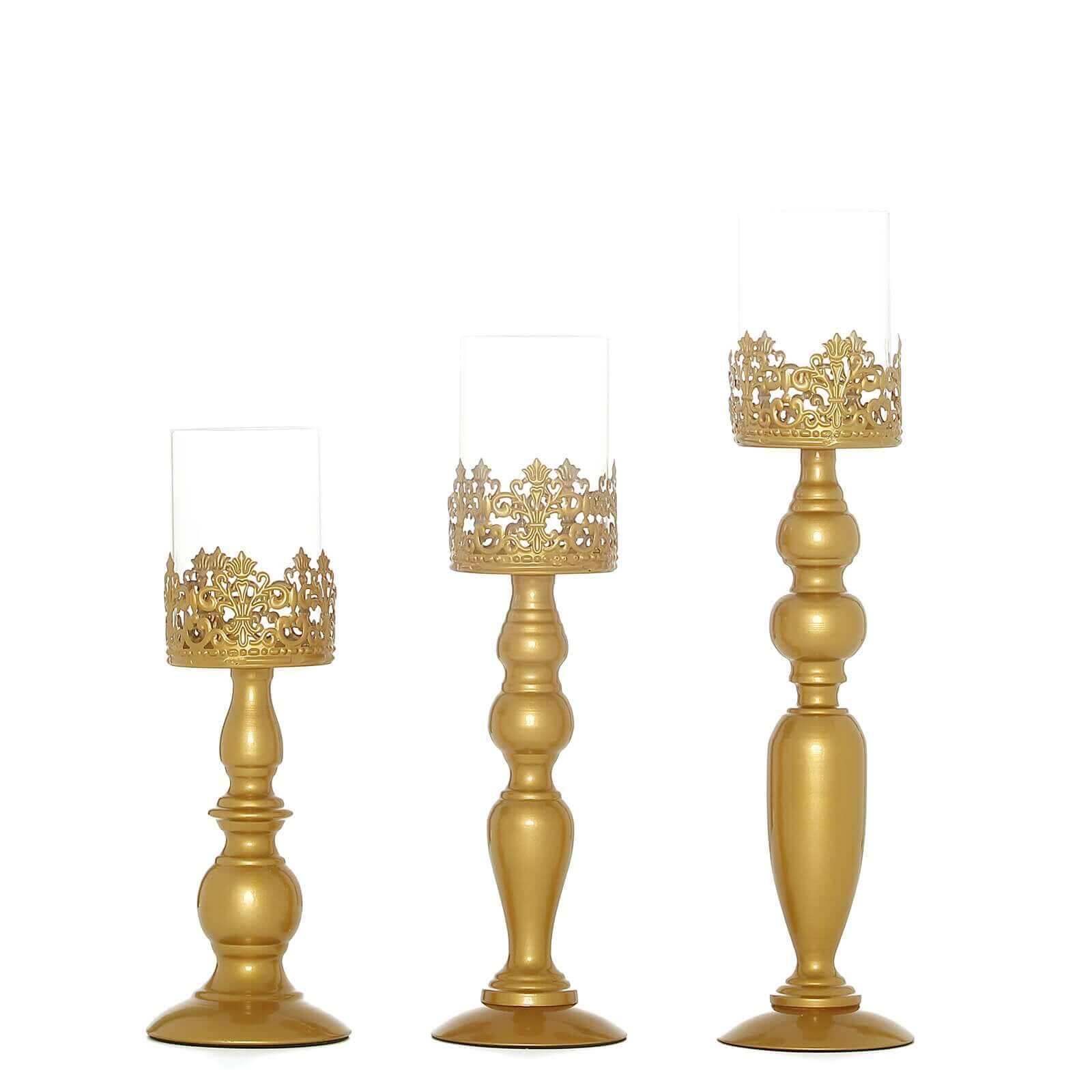 Set of 3 Lace Hurricane Candle Holders Antique Gold with Glass Shades - Chic Pillar Candle Stands 12, 14, 17