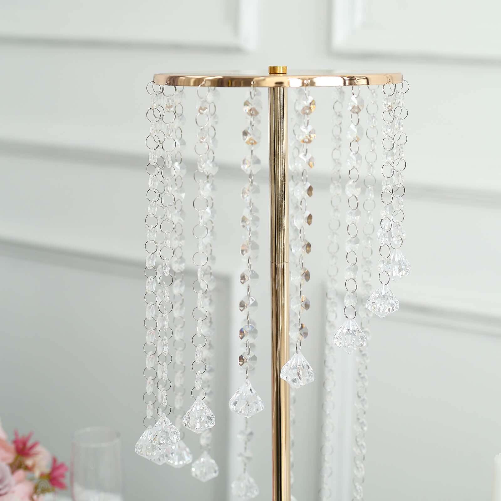 2-Pack Metal Flower Stand Gold with Spiral Hanging Beads - Crystal Pedestal Table Wedding Centerpiece 24