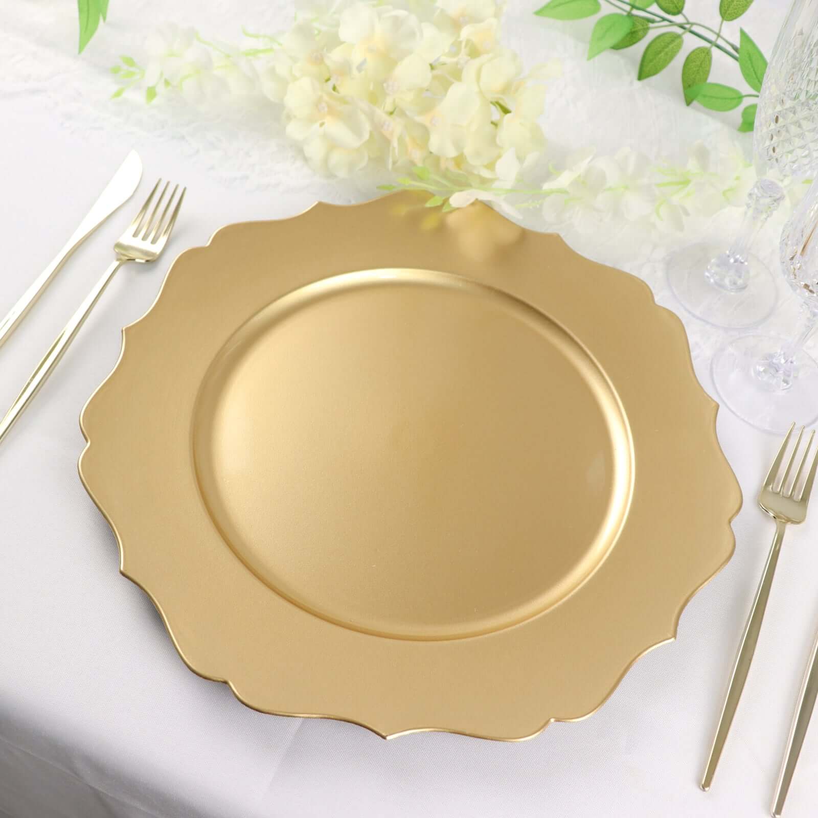 6 Pack 13 Metallic Gold Acrylic Charger Plates Scalloped Rim, Gold Plastic Charger Plates