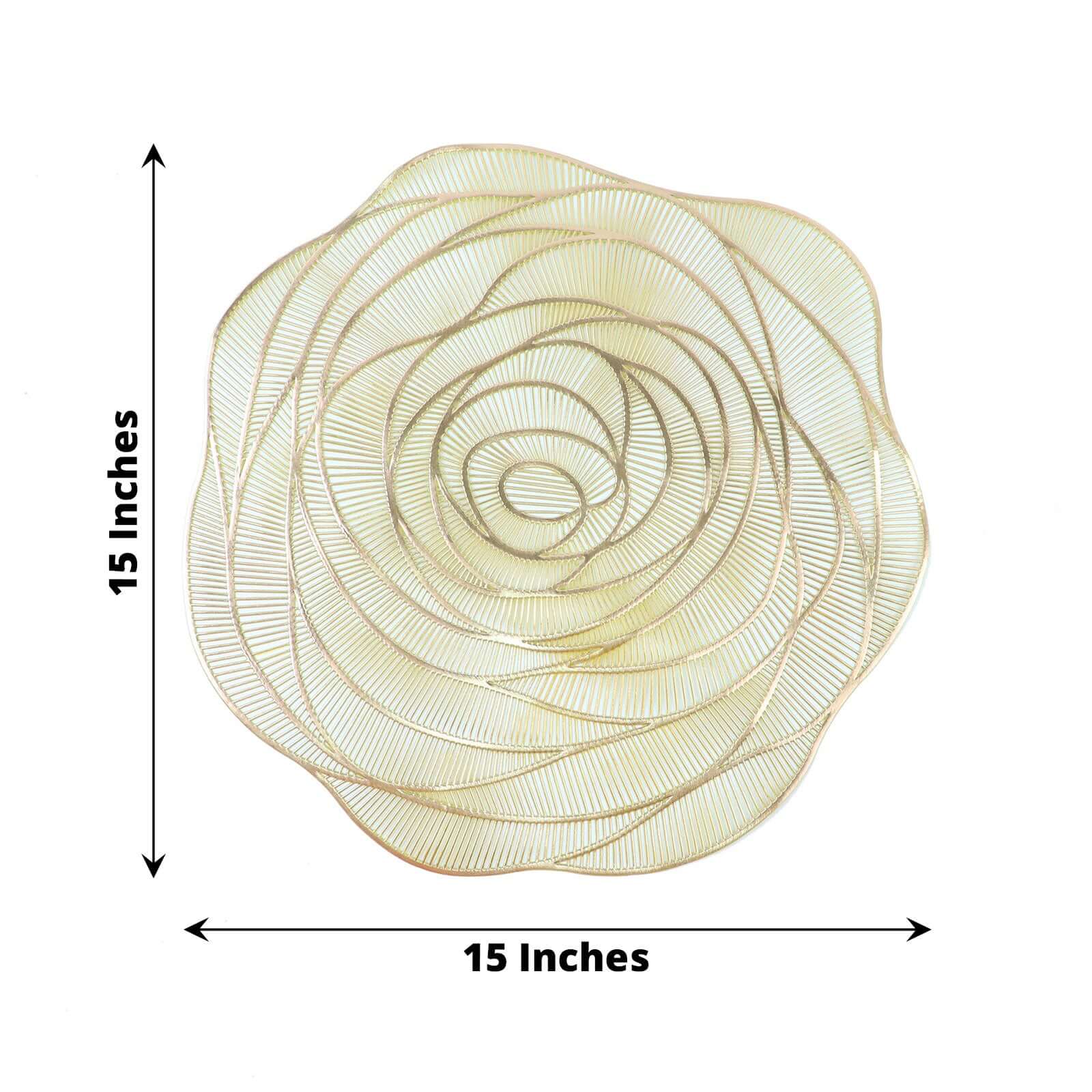 6-Pack Dining Table Mats Rose Flower Design Metallic Gold - Vinyl Round Non-Slip and Washable Table Mats 15