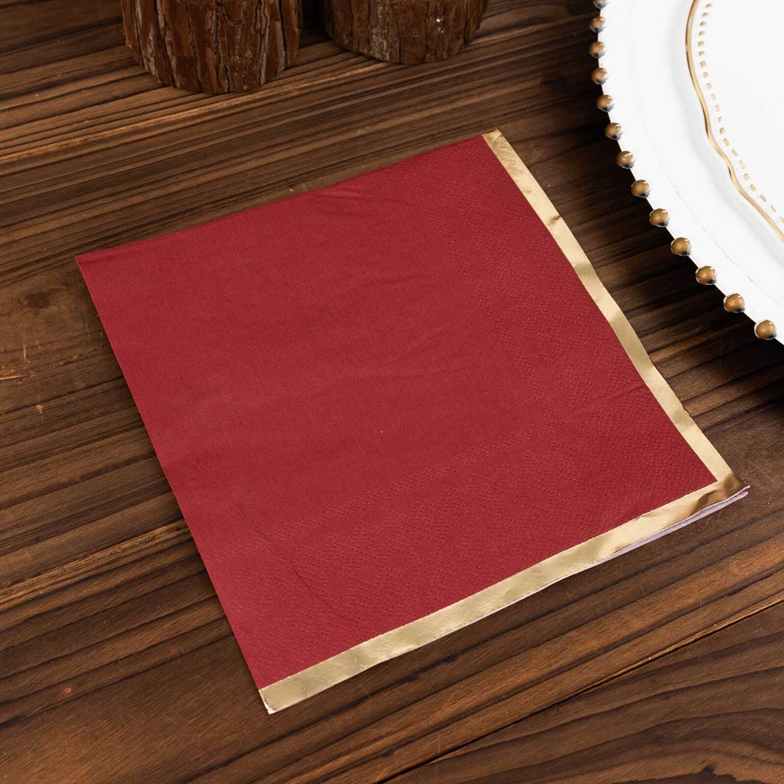 50-Pack Paper Beverage Napkins with Gold Foil Edge Burgundy - Disposable 2 Ply Cocktail Napkins for Events 6.5x6.5