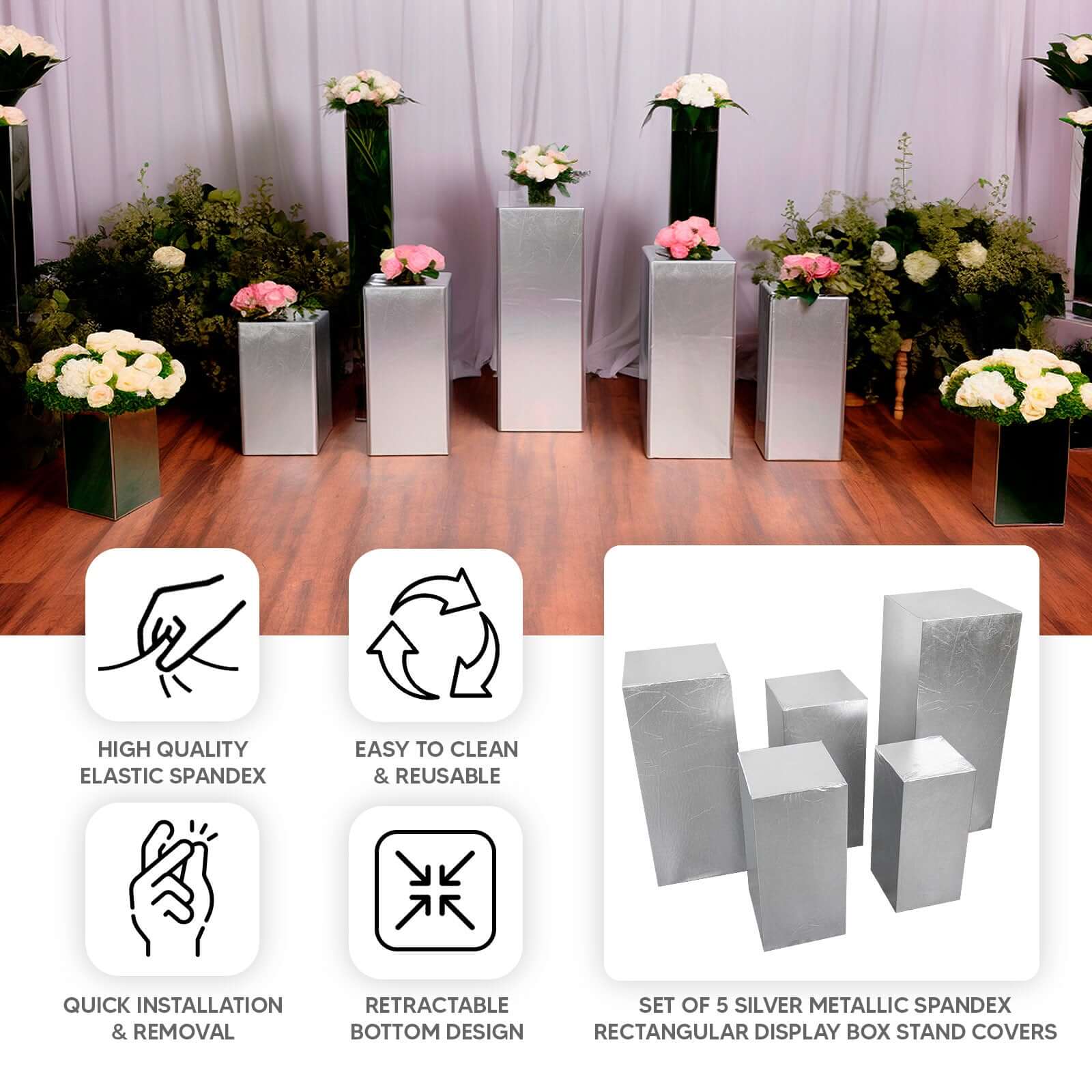 Set of 5 Metallic Silver Spandex Rectangle Pedestal Stand Covers, Stretchable Pillar Prop Covers - 160 GSM