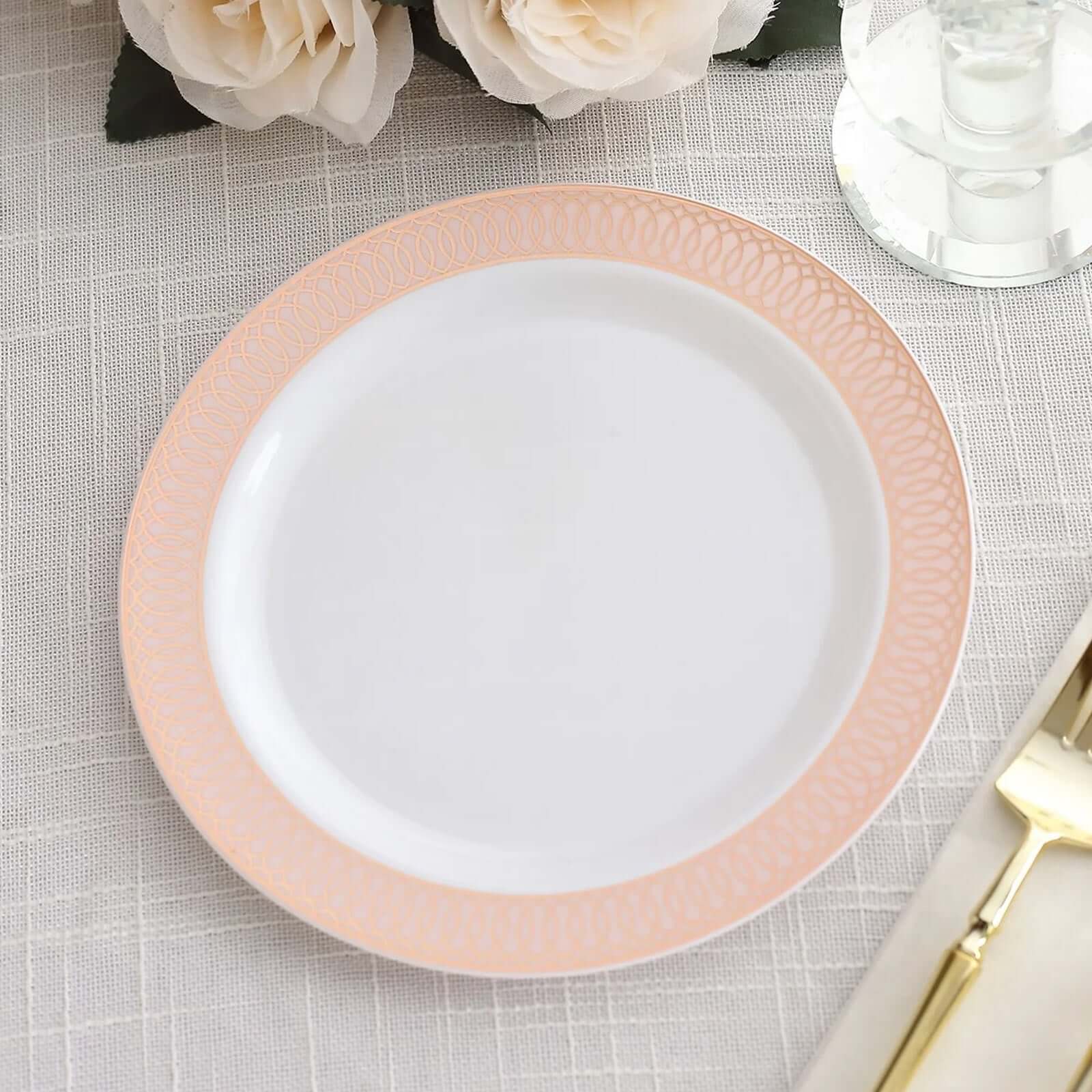 10-Pack Plastic Round Dessert Plates 7 White with Blush Rose Gold Spiral Rim - Chic Disposable Salad Plates for Events & Banquets