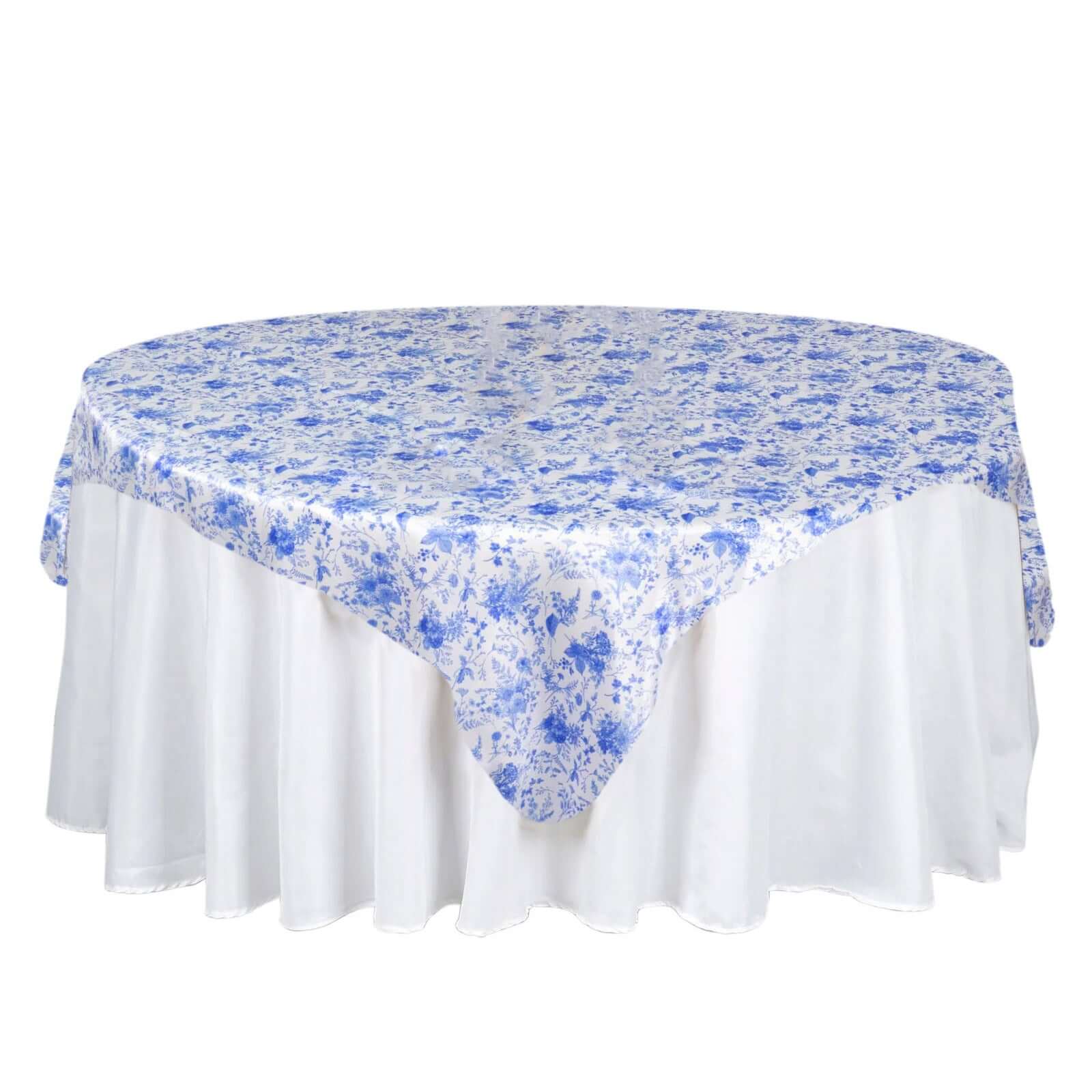 Satin 72x72 Table Overlay Square Tablecloth White Blue - French Toile Floral Design for Stylish Celebrations