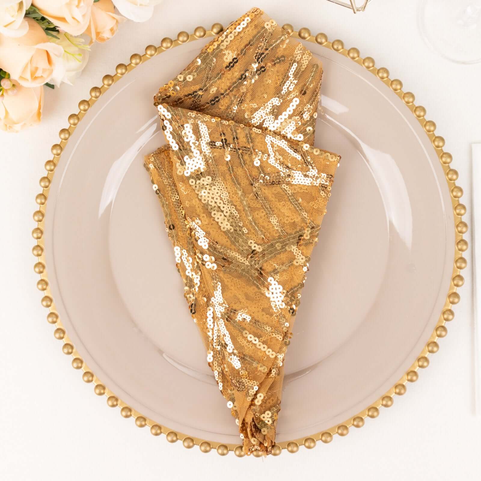 Sequin Mesh 20x20 Napkin Gold - Wave Embroidered Reusable Cloth Napkin for Glitzy Table Settings