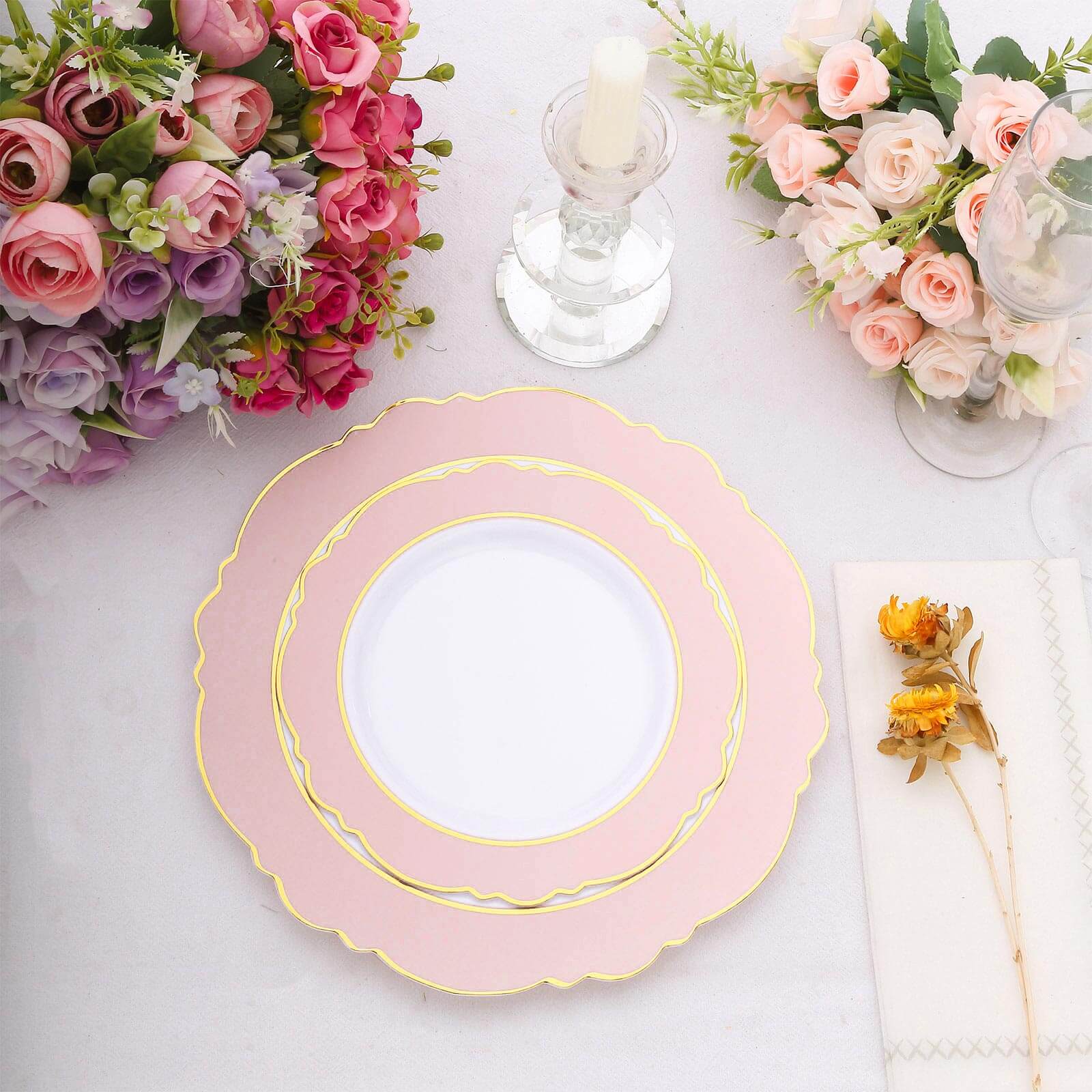 10-Pack Plastic 8 Round Dessert Plates in White with Blush Blossom Design & Gold Edging - Disposable Salad Appetizer Plates