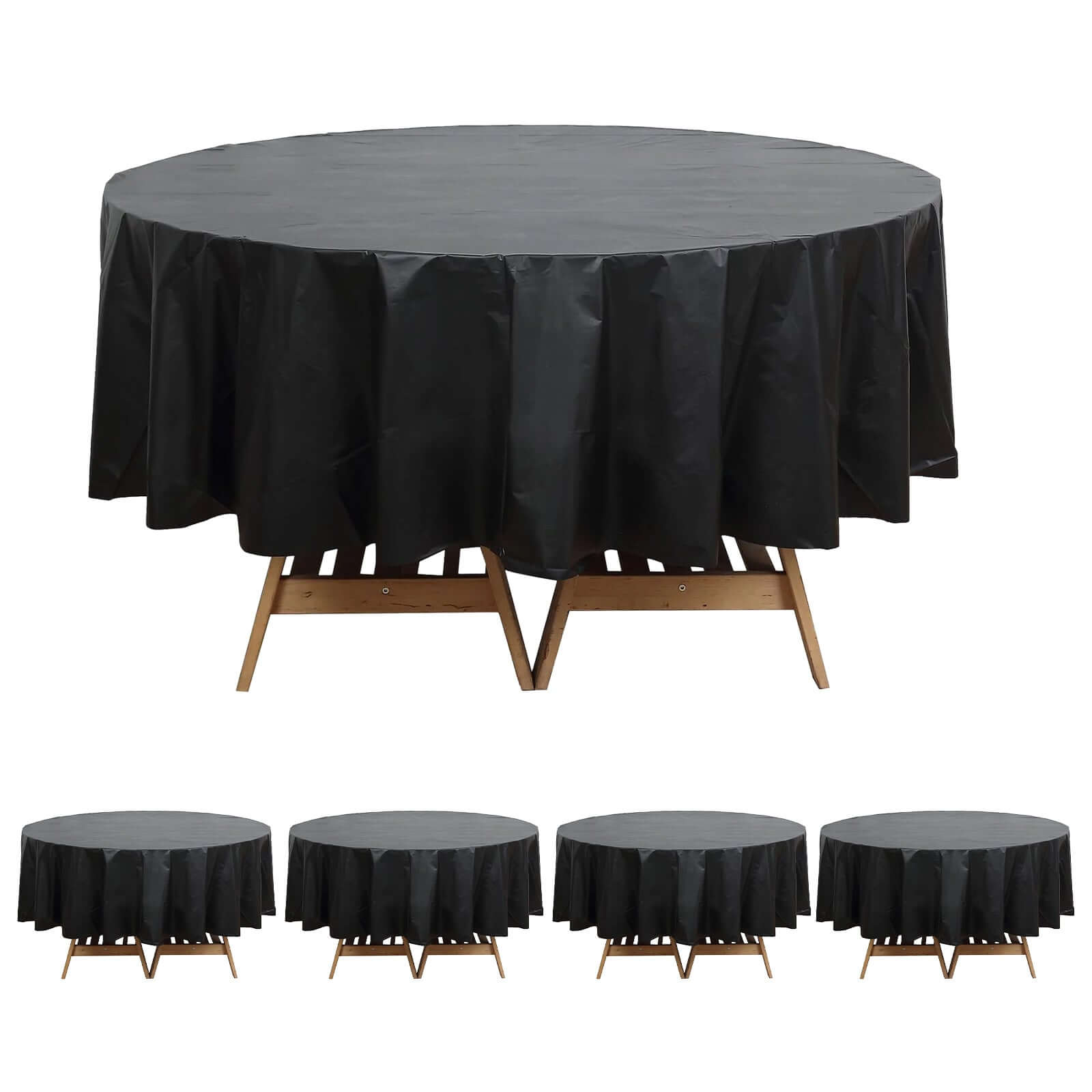 5-Pack Plastic Table Covers Black Round - Durable PVC Disposable Tablecloths for Events 84