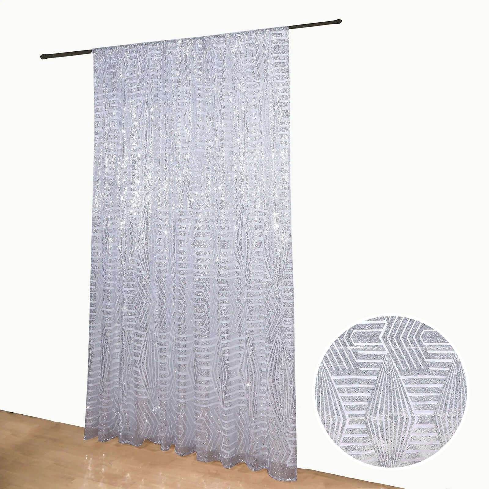 8ftx8ft Silver Geometric Sequin Event Curtain Drapes with Satin Backing, Seamless Opaque Sparkly Backdrop Event Panel in Diamond Glitz Pattern