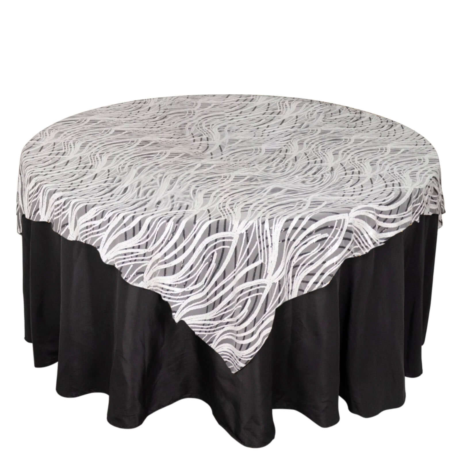 Mesh 72x72 Table Overlay Square Tablecloth White Black - Wave Embroidered Sequins Table Topper