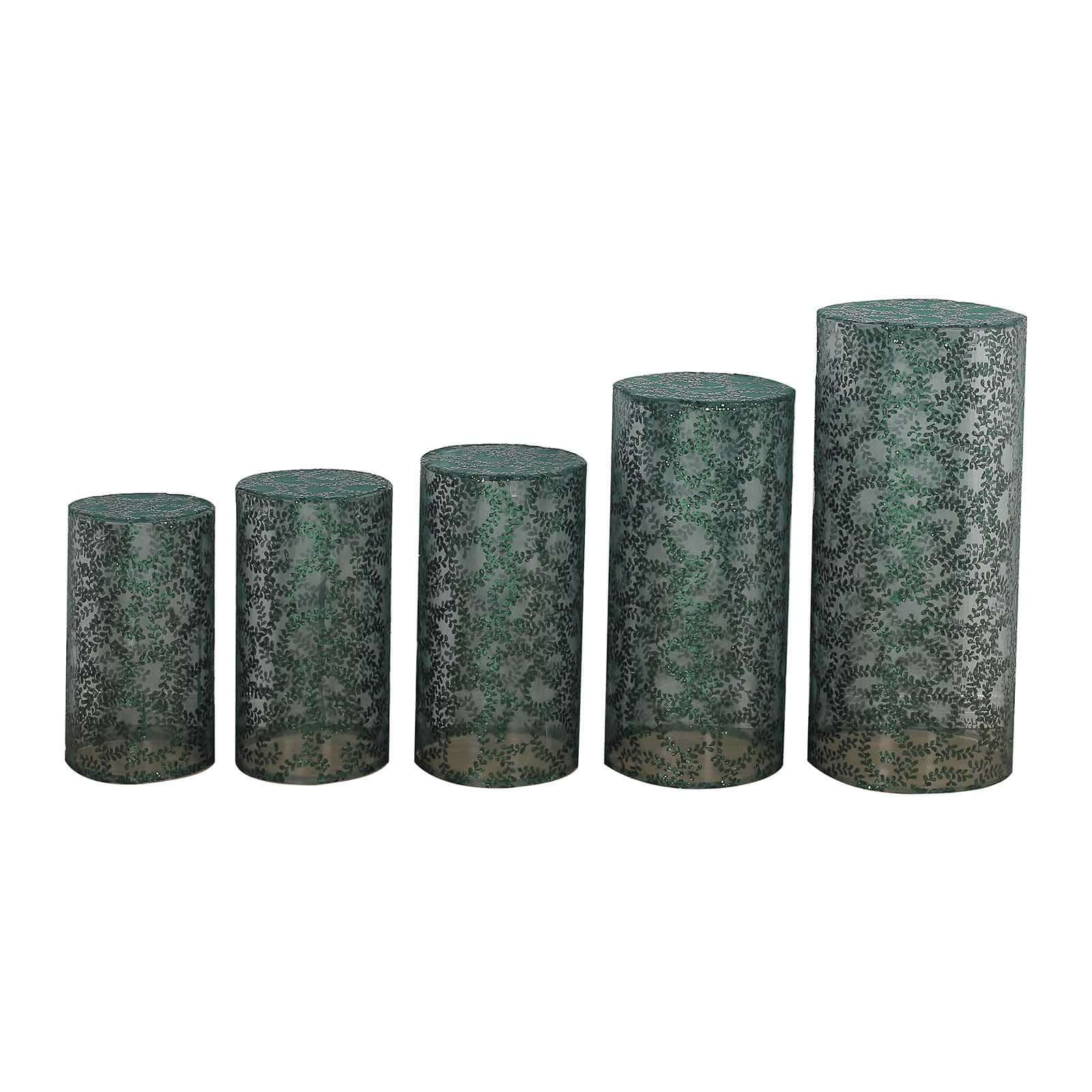 Set of 5 Hunter Emerald Green Sequin Mesh Cylinder Pedestal Stand Covers with Leaf Vine Embroidery, Sparkly Sheer Tulle Pillar Prop Covers