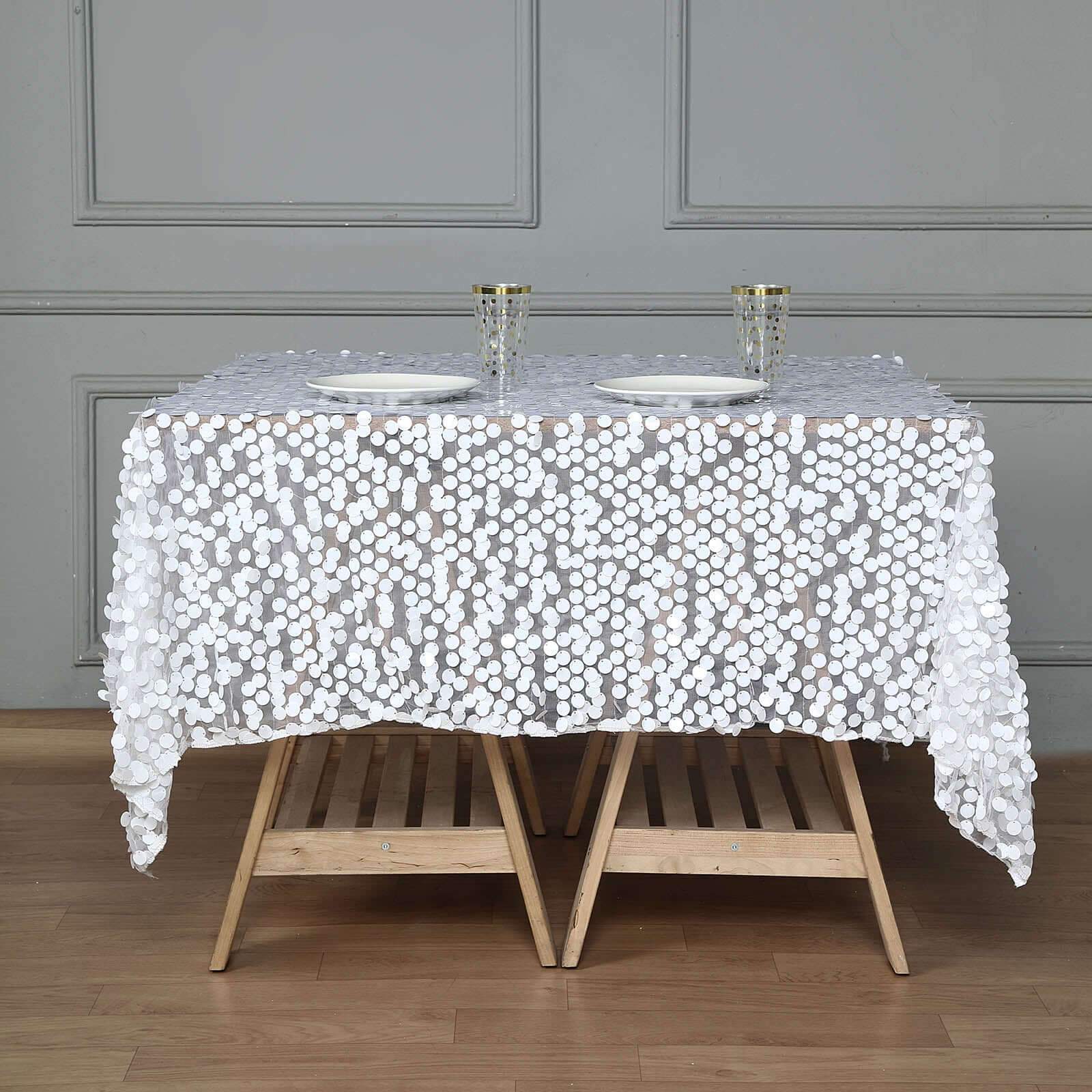 Sequin 72x72 Table Overlay Square Tablecloth White - Big Payette Design for Classy Celebrations