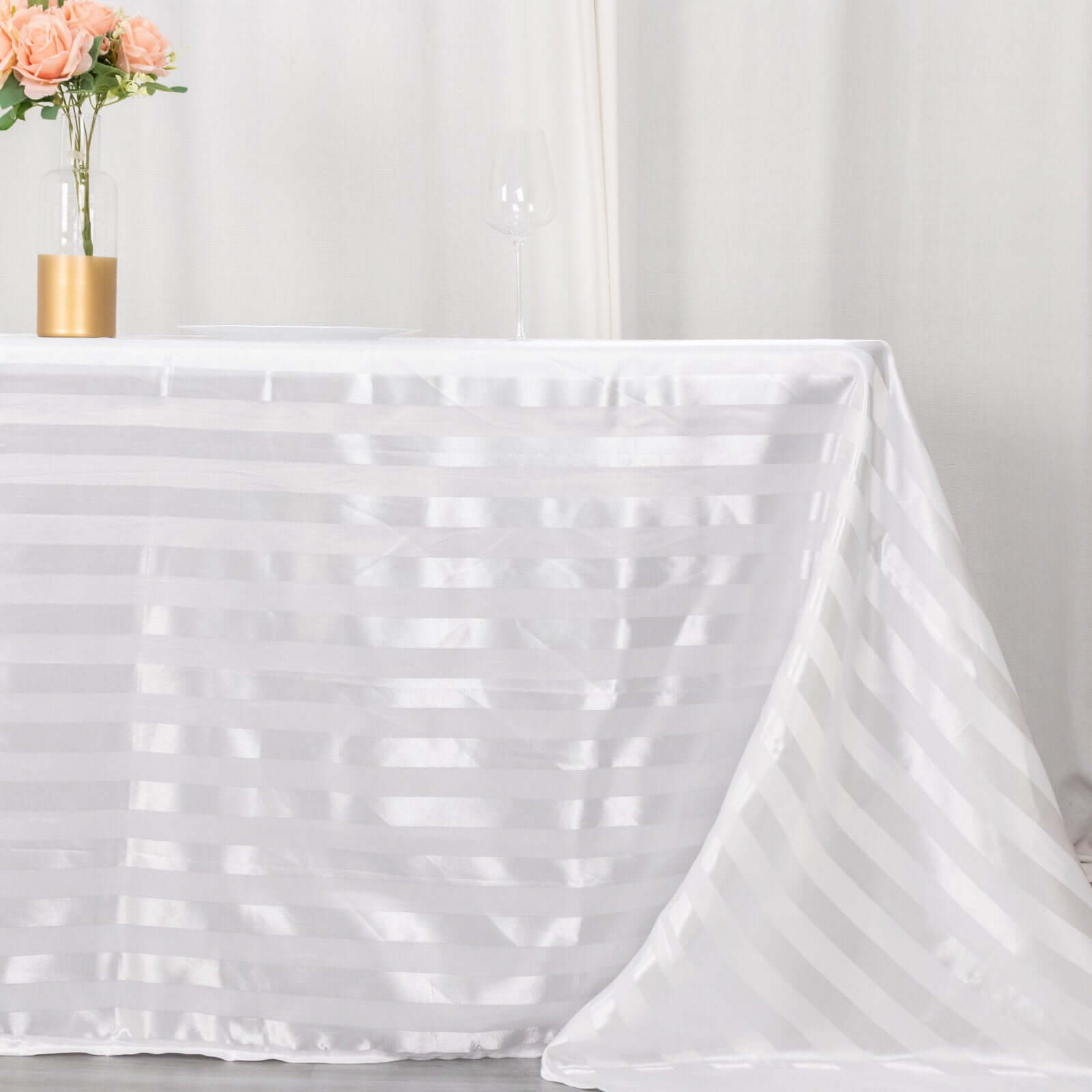 Satin Striped 90x132 Rectangular Tablecloth White Satin Stripe - Seamless Silky Smooth Wedding Decor