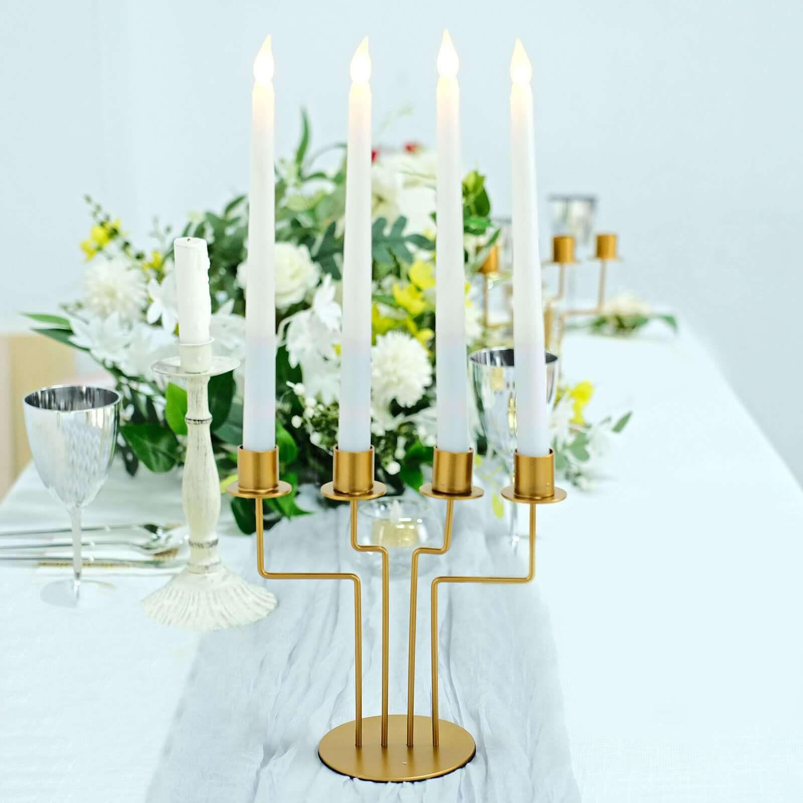 2-Pack Geometric Taper Candelabra 4 Arm Design Gold Metal Decorative Centerpiece - Perfect for Events 8