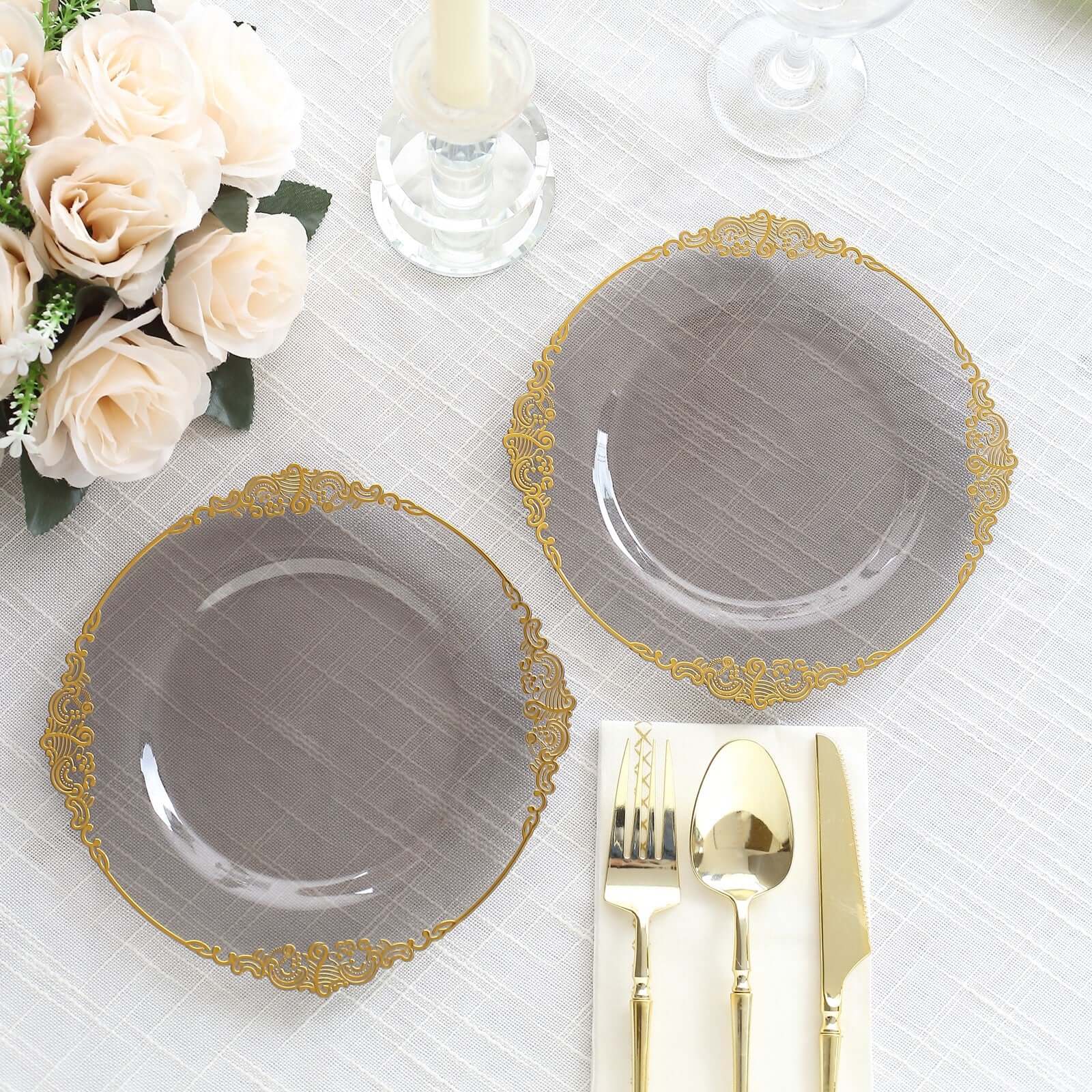 10-Pack Plastic 8 Round Dessert Plates in Transparent Black with Gold Leaf Embossed Rim - Disposable Vintage Baroque Style Salad Plates