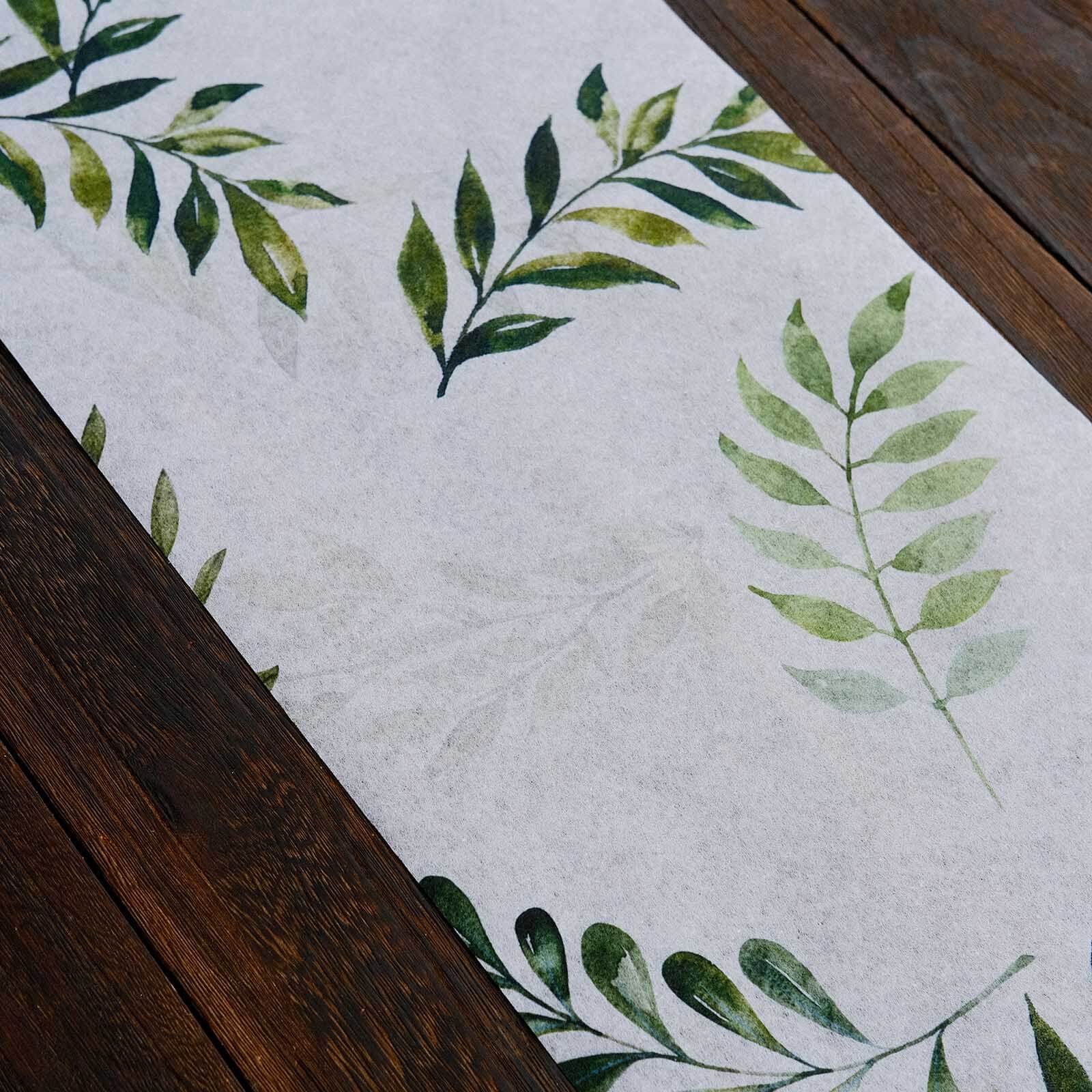 Disposable Table Runner 11x108 White with Green Olive Leaves Print - Non-woven Stylish Spring Summer Dining Decor