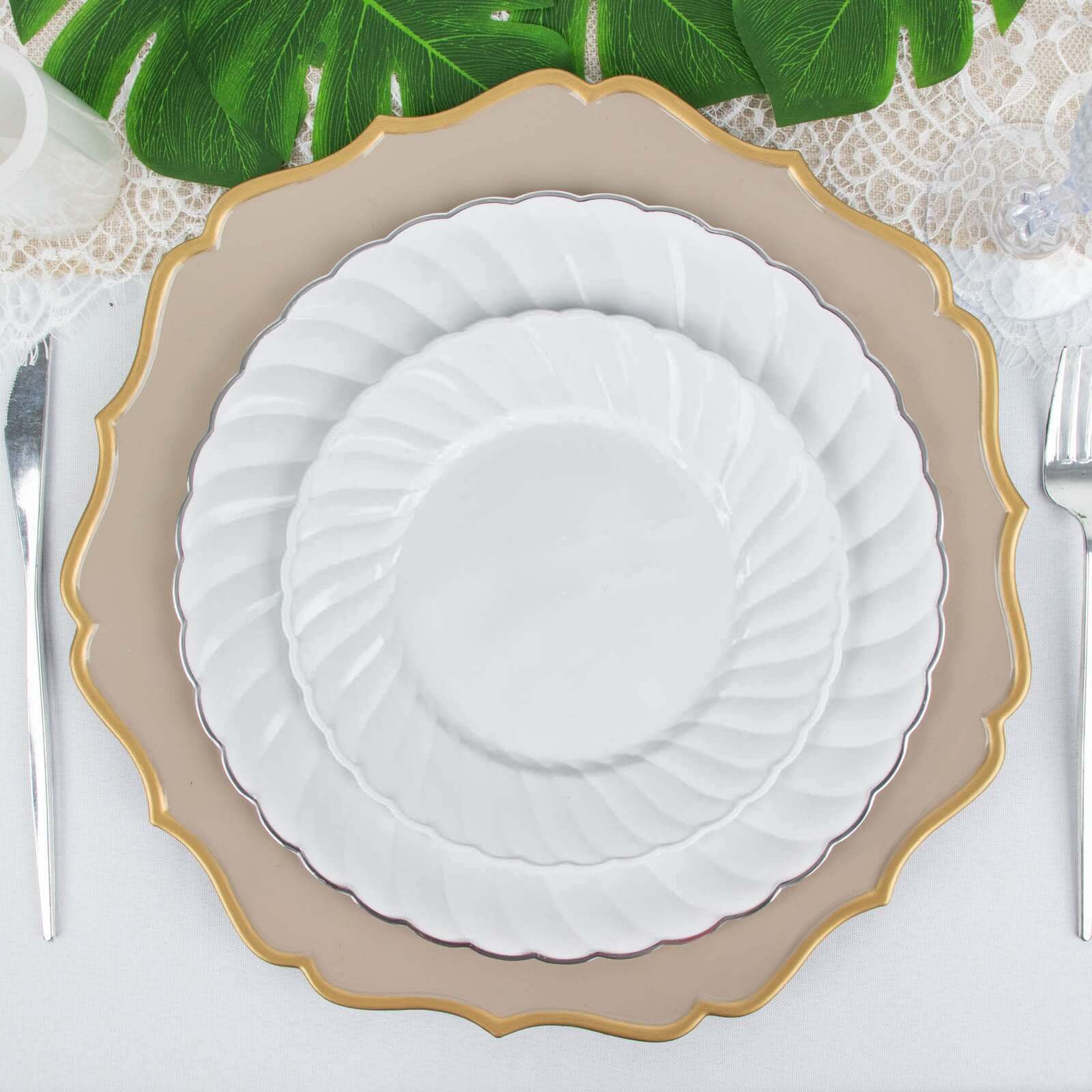 12-Pack Plastic Dessert Plates White Flair Rim - Sturdy Disposable Salad Plates 7.5