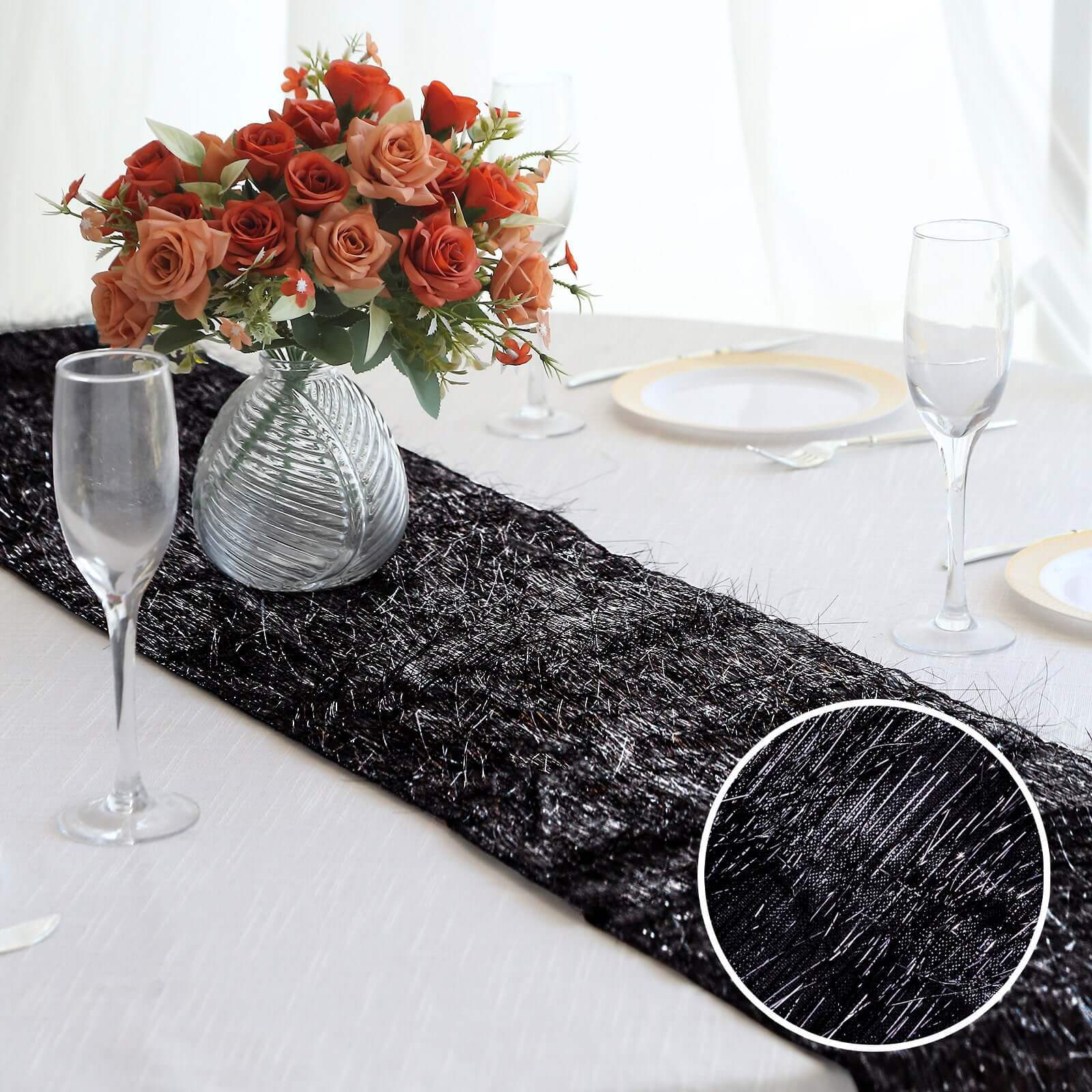 Metallic Tinsel Polyester 12x108 Table Runner Black - Shimmery Fringe Shag Table Decor