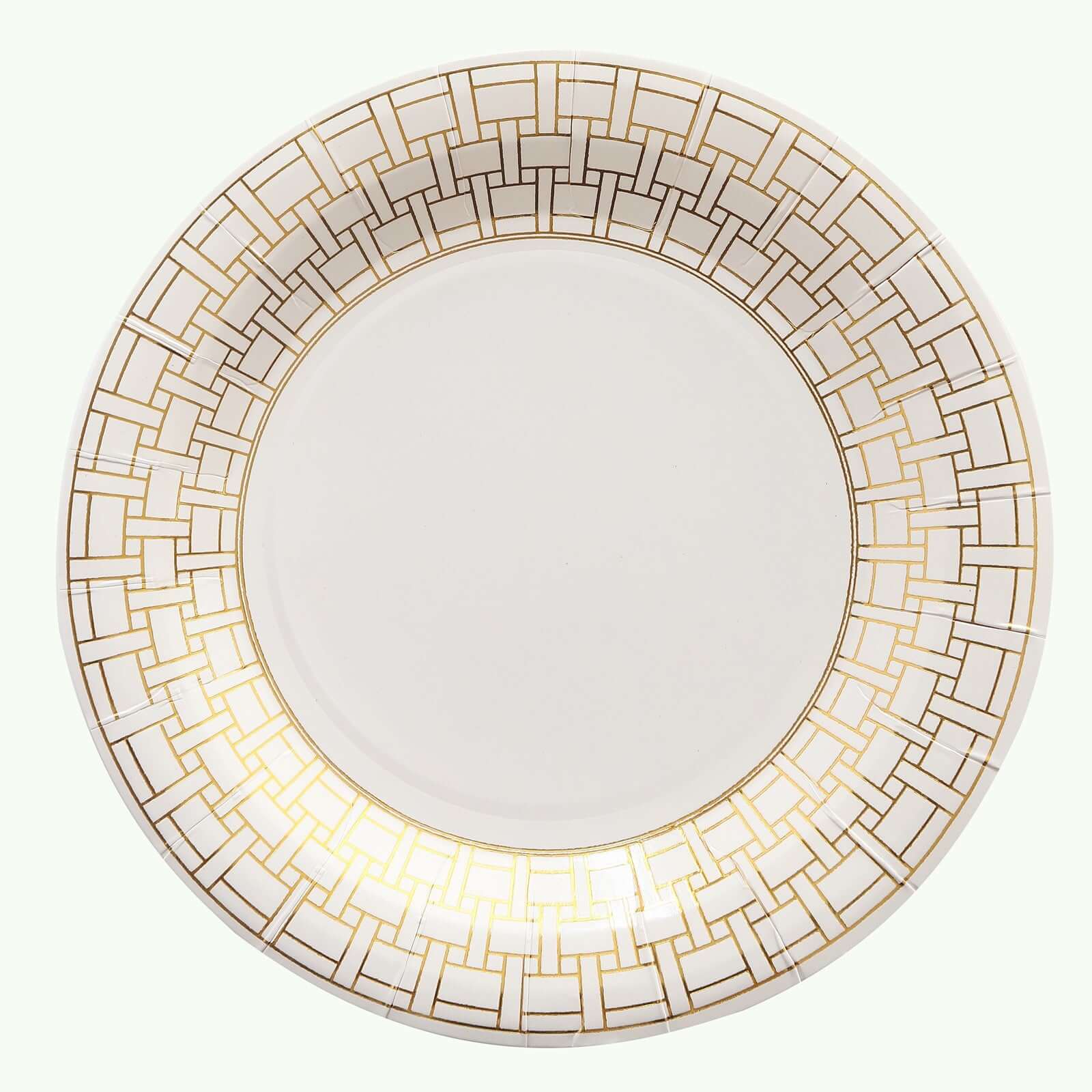 25-Pack Paper 9 Round Dinner Plates in White with Gold Basketweave Rim - Disposable Party Plates for Stylish Soirées & Festive Brunches