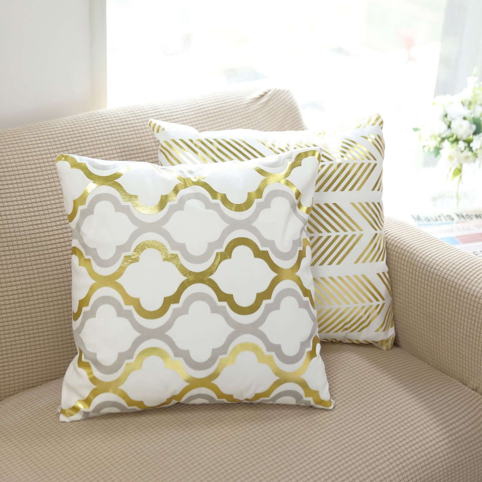 Set Of 4 18 White Gold Foil Geometric Print Throw Pillow Covers, Velvet Square Sofa Cushion Covers