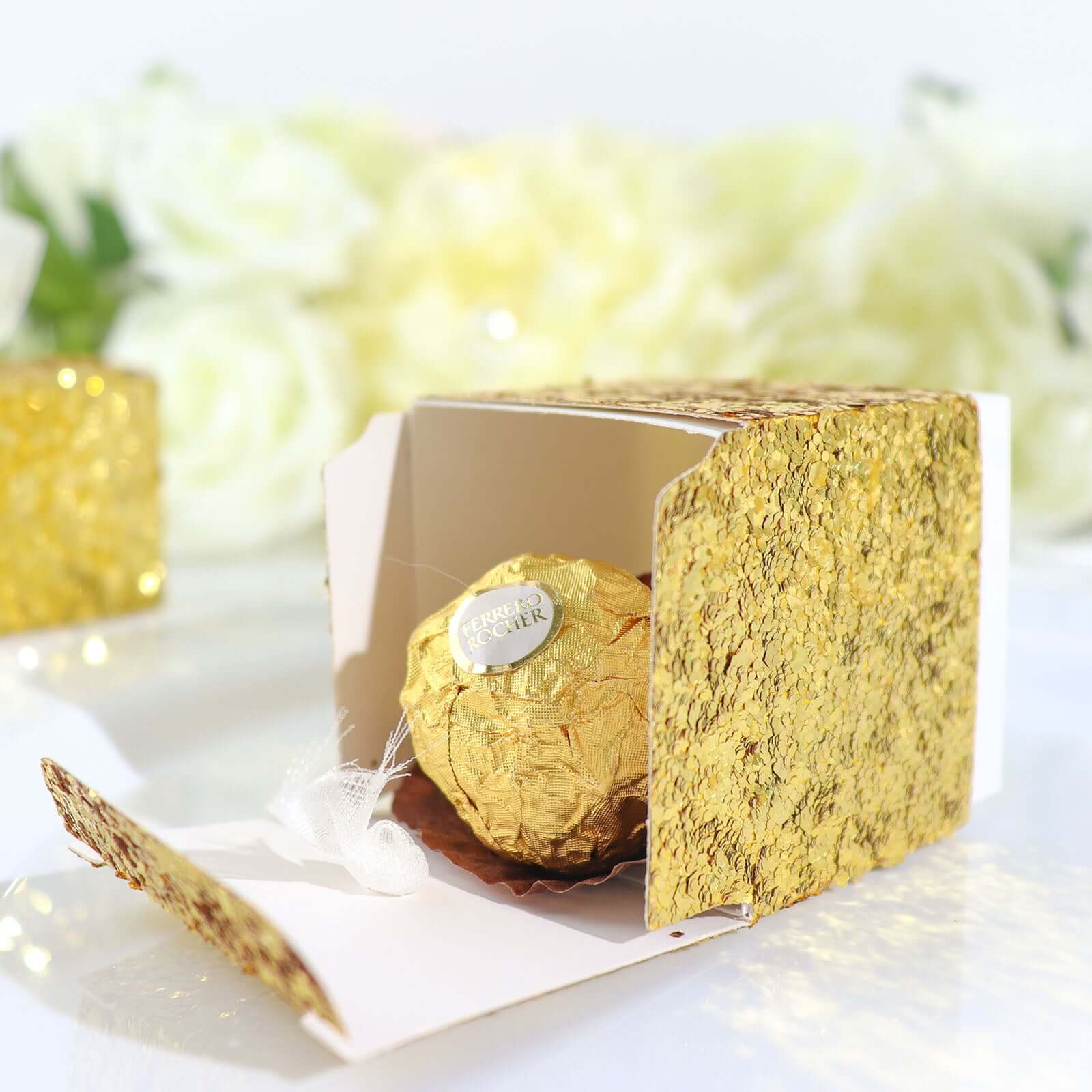 25 Pack 2 Gold Sequin Glitter Party Favor Boxes With White Ribbon Loop, Wedding Favor Gift Boxes, Candy Cases